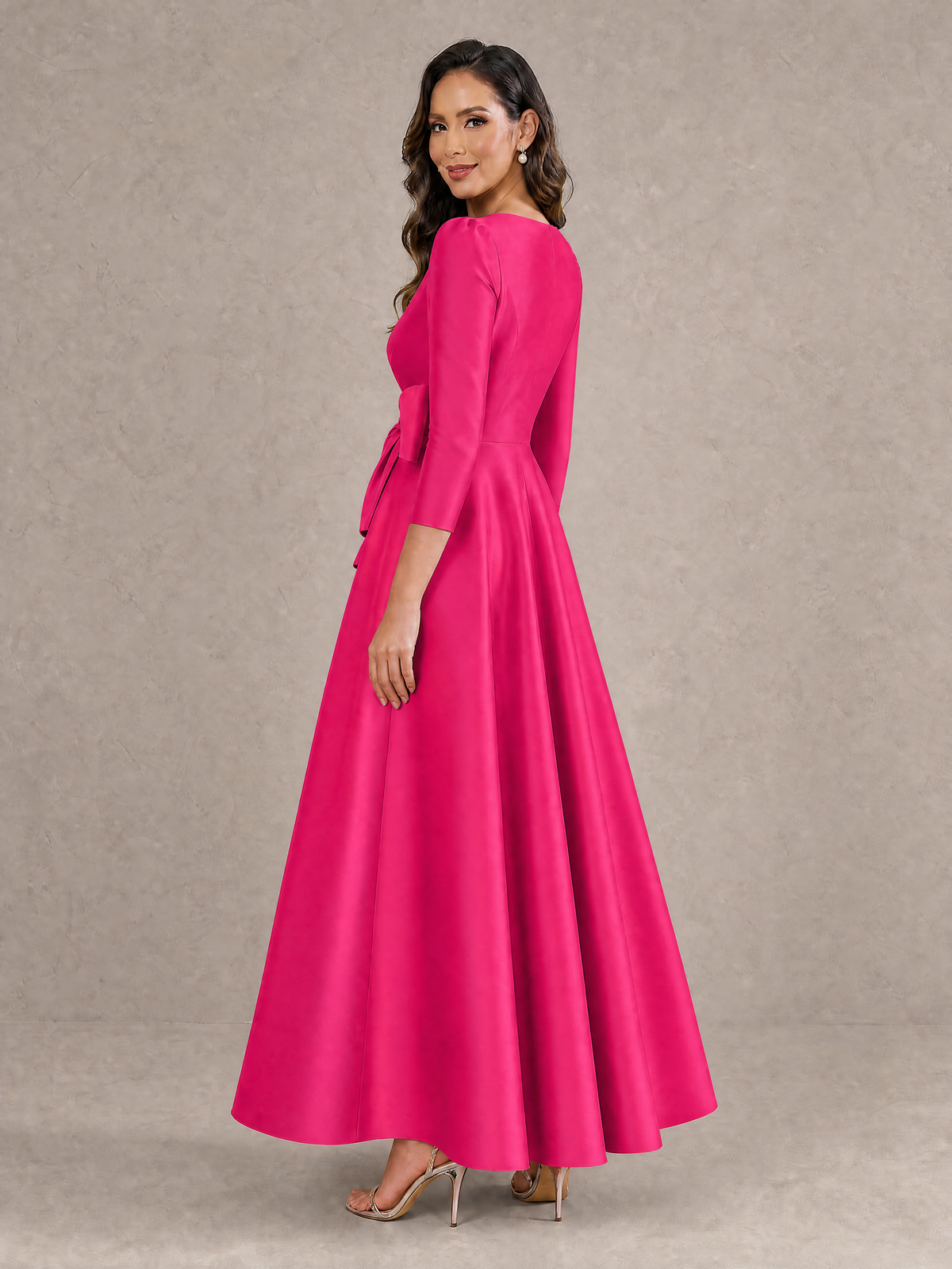 BOLODOO Hot Pink Satin Deep V-Neck Wrap 3/4 Puff Sleeve A-Line Ball Gown Maxi Dress with Oversized Bow Belt - Hot Pink