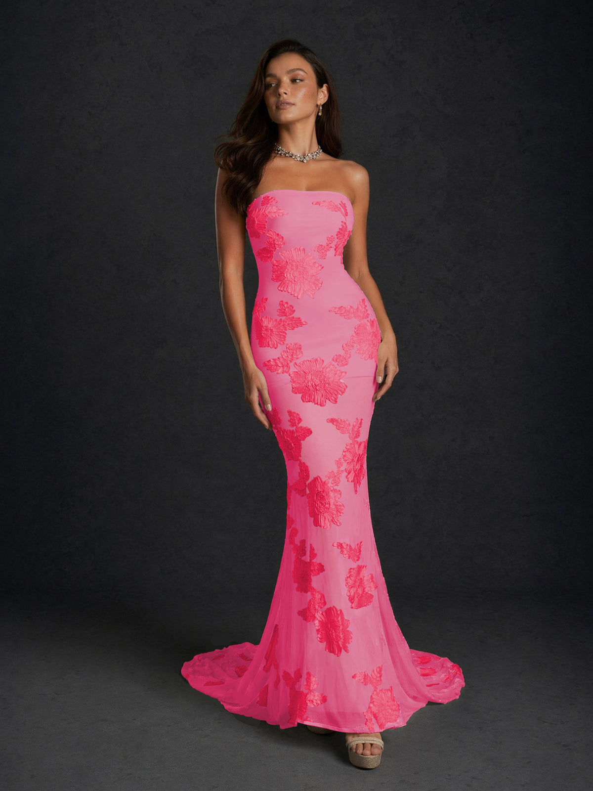 BOLODOO Hot Pink Champagne Gold Floral Sequin Embroidered Mesh Strapless Open Back Mermaid Maxi Dress with Train - Hot Pink