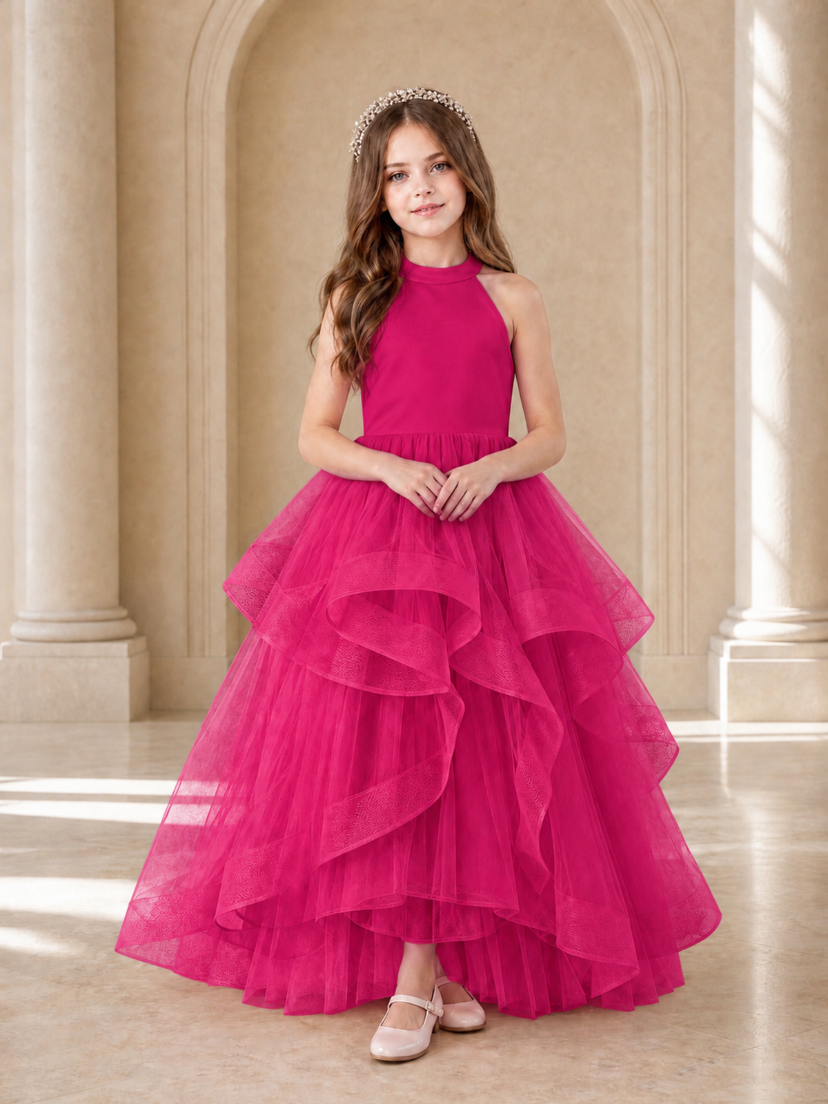 BOLODOO Hot Pink Halter Tiered Tulle Flower Girl Dress with Bow Back - Hot Pink - Hot Pink_2