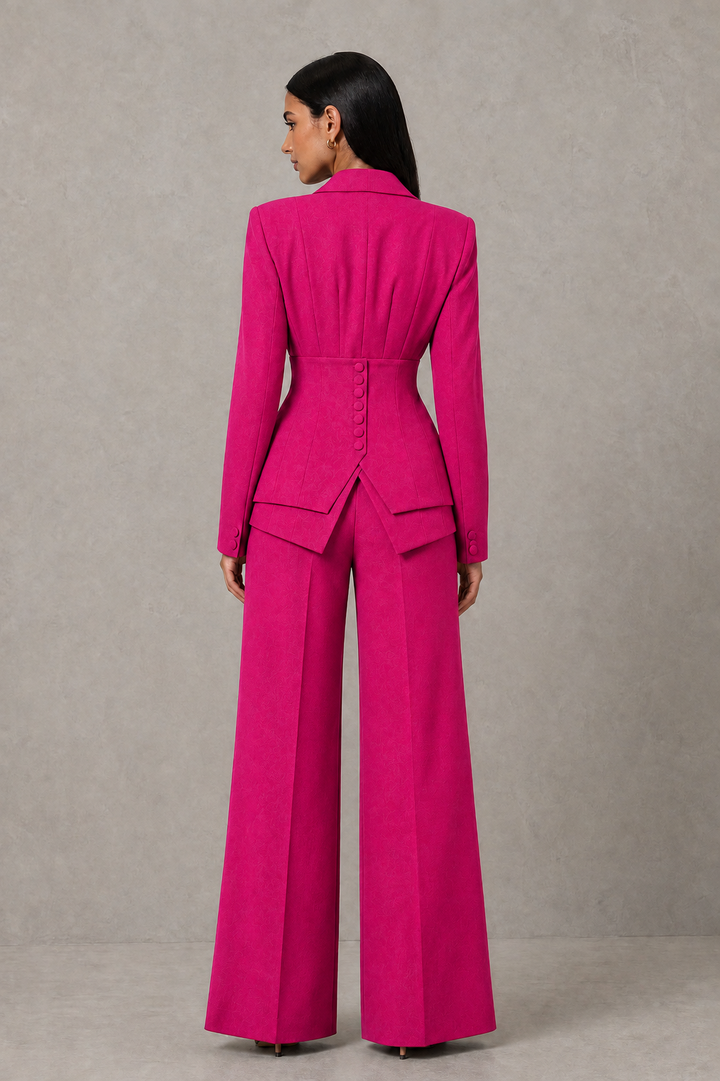 BOLODOO Hot Pink Cinched Waist Blazer and Wide Leg Pants Two Piece Suit Set - Hot Pink