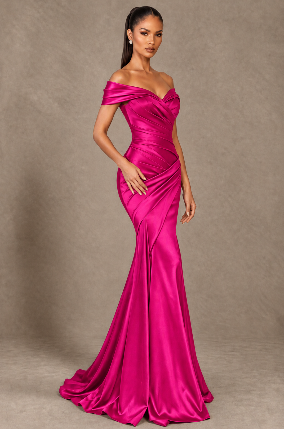 BOLODOO Hot Pink Off-the-Shoulder Ruched Satin Mermaid Evening Dress - Hot Pink - Hot_Pink_2