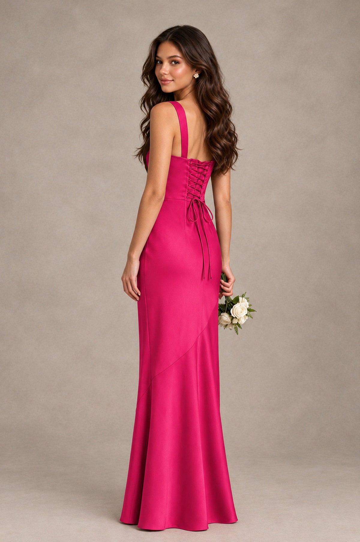 BOLODOO Hot Pink Square Neck Ruched Satin Lace-Up Bridesmaid Dress - Hot Pink - Hot Pink_2