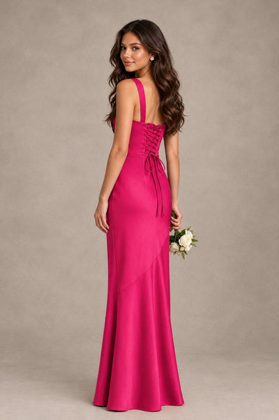 BOLODOO Hot Pink Square Neck Ruched Satin Lace-Up Bridesmaid Dress - Hot Pink - Hot Pink_2