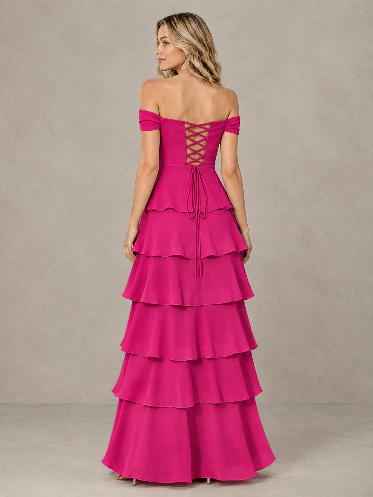 BOLODOO Hot Pink Off-Shoulder Tiered Ruffle Bridesmaid Dress with Lace-Up Back - Hot Pink - Hot Pink_2