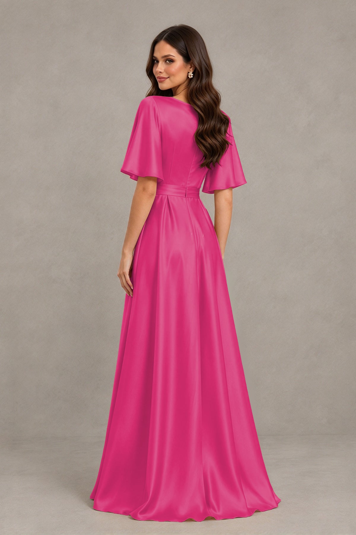 BOLODOO Hot Pink Satin V-Neck Flutter Sleeve Bridesmaid Dress with Slit - Hot Pink - Hot Pink(2)