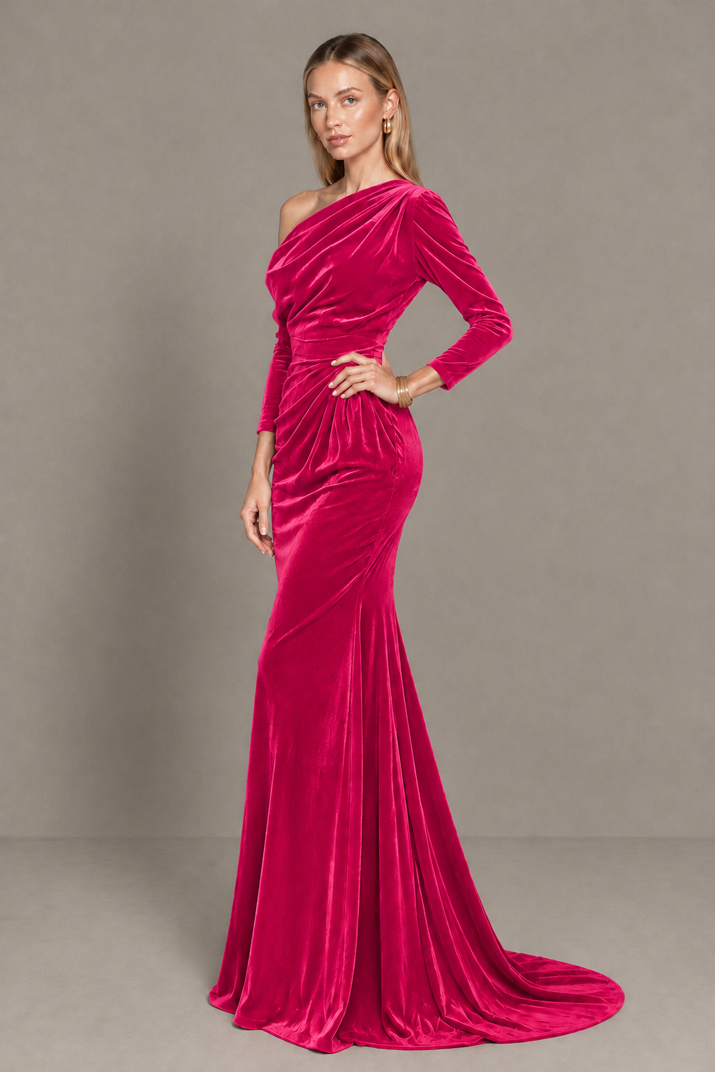 BOLODOO Hot Pink Velvet Asymmetric Neck Mermaid Evening Dress - Hot Pink - Hot Pink_2