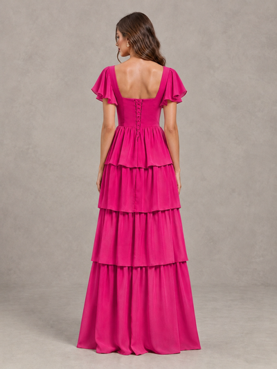 BOLODOO Hot Pink Flutter Sleeve Tiered Maxi Bridesmaid Dress - Hot Pink - Hot Pink_2