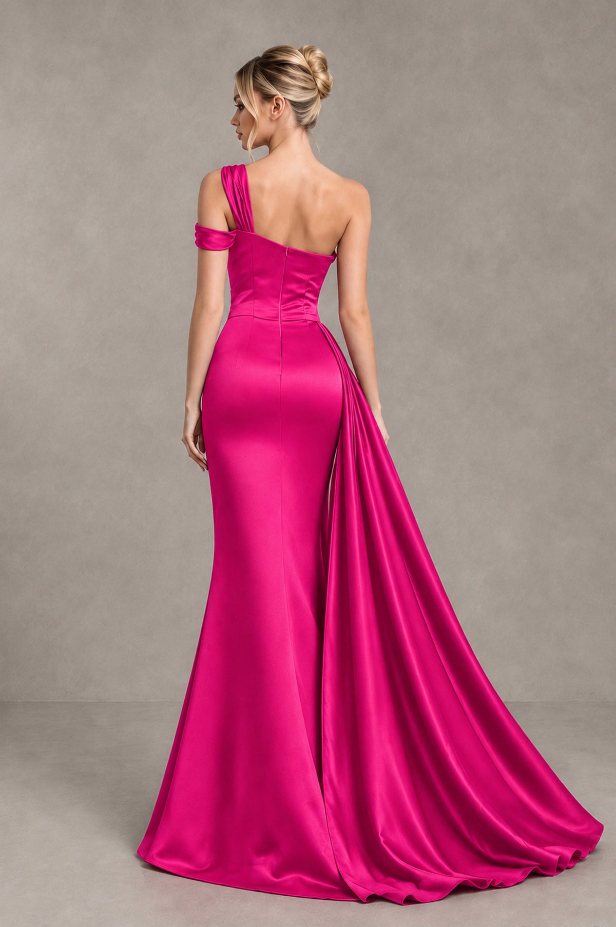 BOLODOO Hot Pink Asymmetric Ruched Formal Evening Dress - Hot Pink - Hot Pink_2