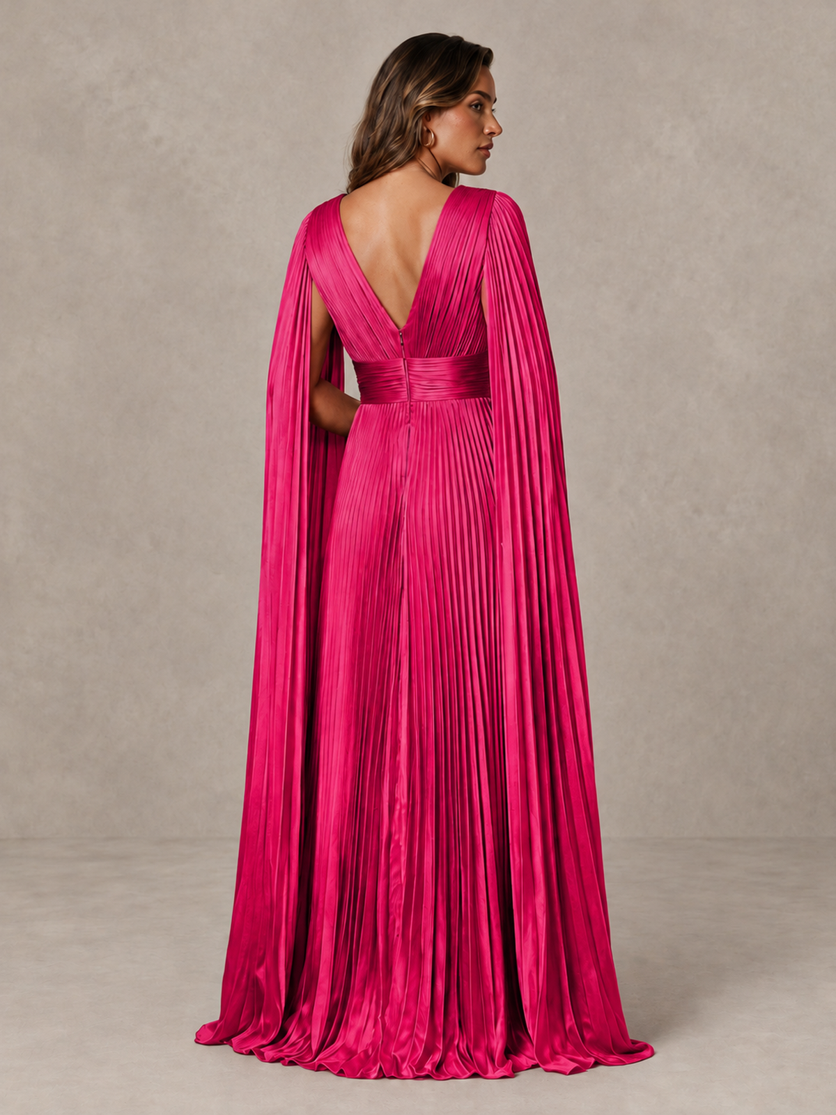 BOLODOO Hot Pink Deep V-Neck Pleated Cape Sleeve Evening Gown - Hot Pink - Hot Pink_2