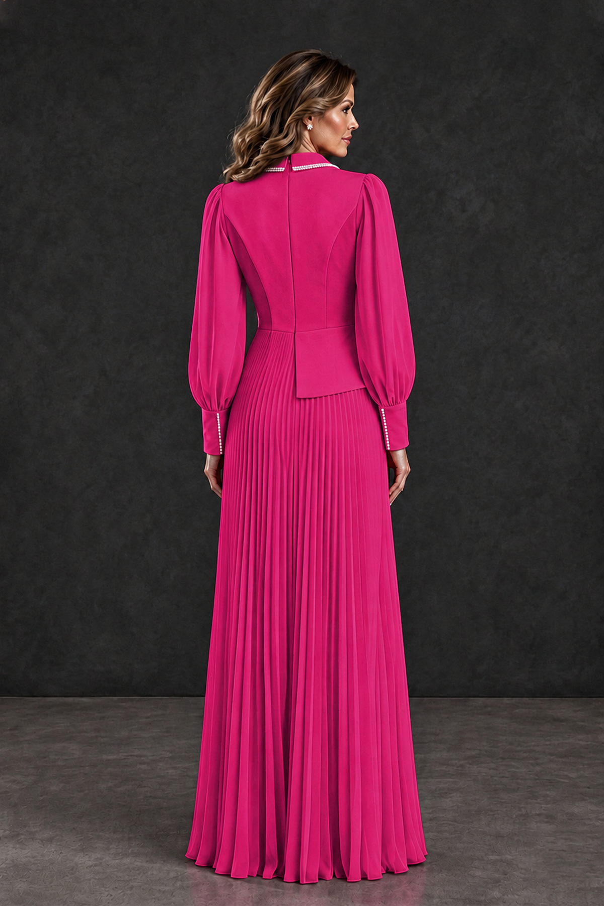 BOLODOO Hot Pink Long Sleeve Pleated Mother of the Bride Dress - Hot Pink - Hot Pink_2