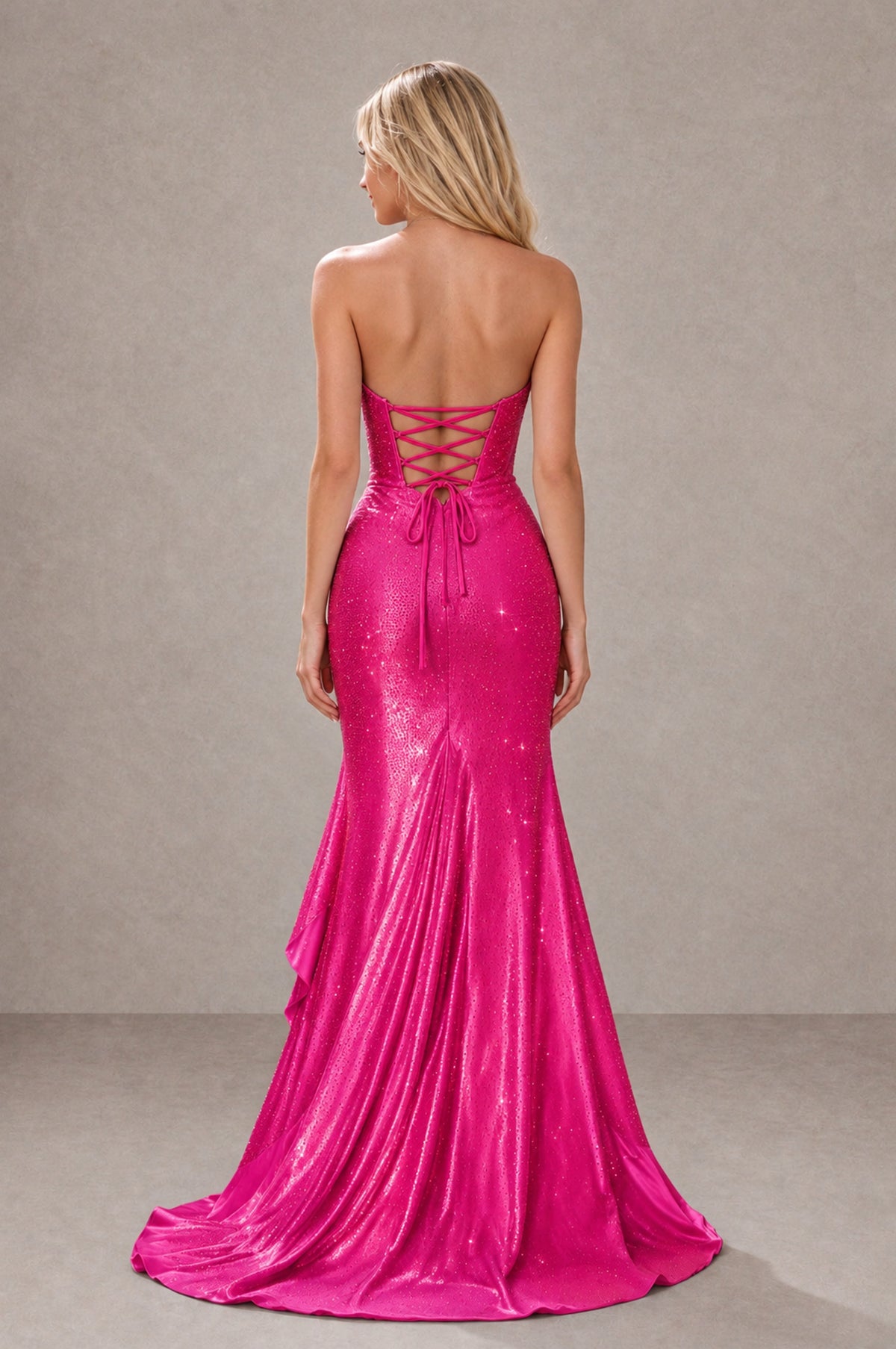 BOLODOO Hot Pink Strapless Corset Mermaid Prom Dress with Ruffle Slit - Hot Pink - Hot Pink_2