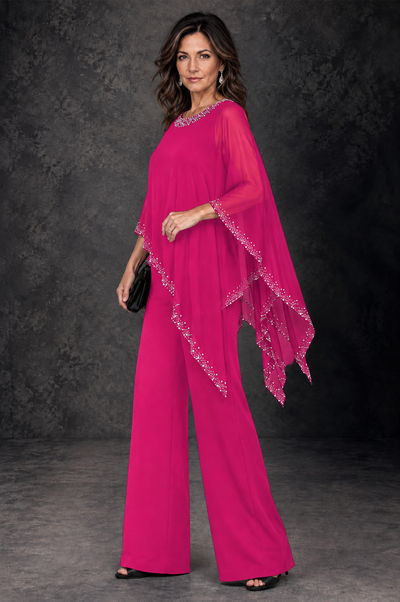 BOLODOO Hot Pink Embellished Cape Mother of the Bride Pantsuit - Hot Pink - Hot_Pink_2