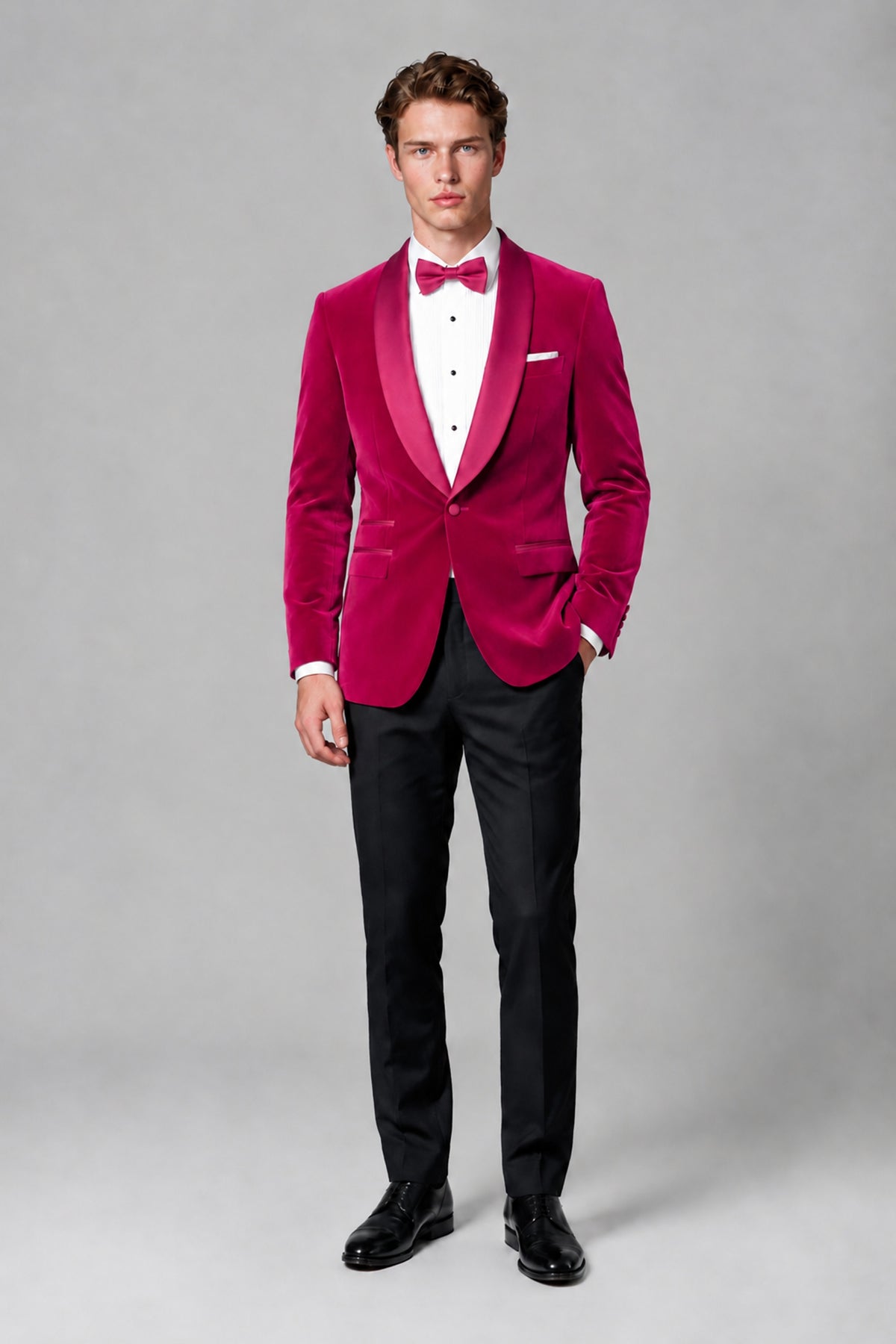 BOLODOO Men's Hot Pink Velvet Blazer | Shawl Lapel Tuxedo Jacket - Hot Pink - Hot Pink_2