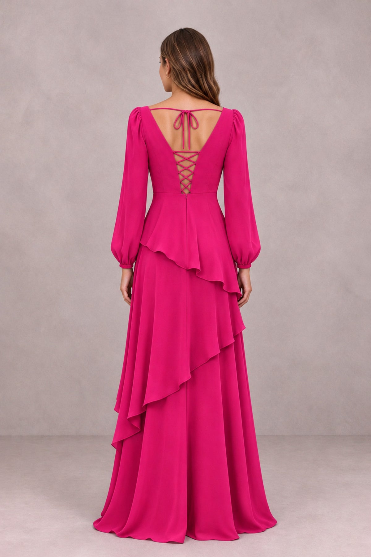 BOLODOO Hot Pink Long Sleeve Ruffle Bridesmaid Dresses - Hot Pink - Hot Pink_2