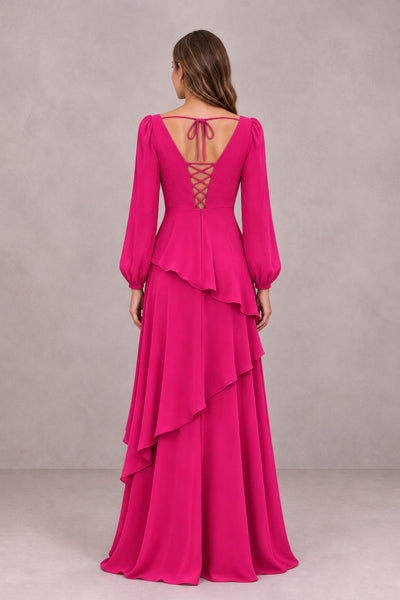 BOLODOO Hot Pink Long Sleeve Ruffle Bridesmaid Dresses - Hot Pink - Hot Pink_2