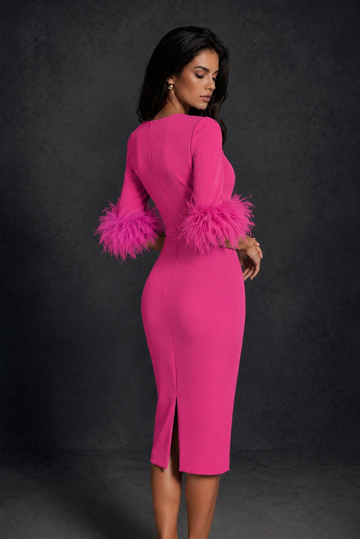 BOLODOO Hot Pink Ostrich Feather Cuff 3/4 Sleeve Round Neck Bodycon Midi Dress with Back Slit - Hot Pink