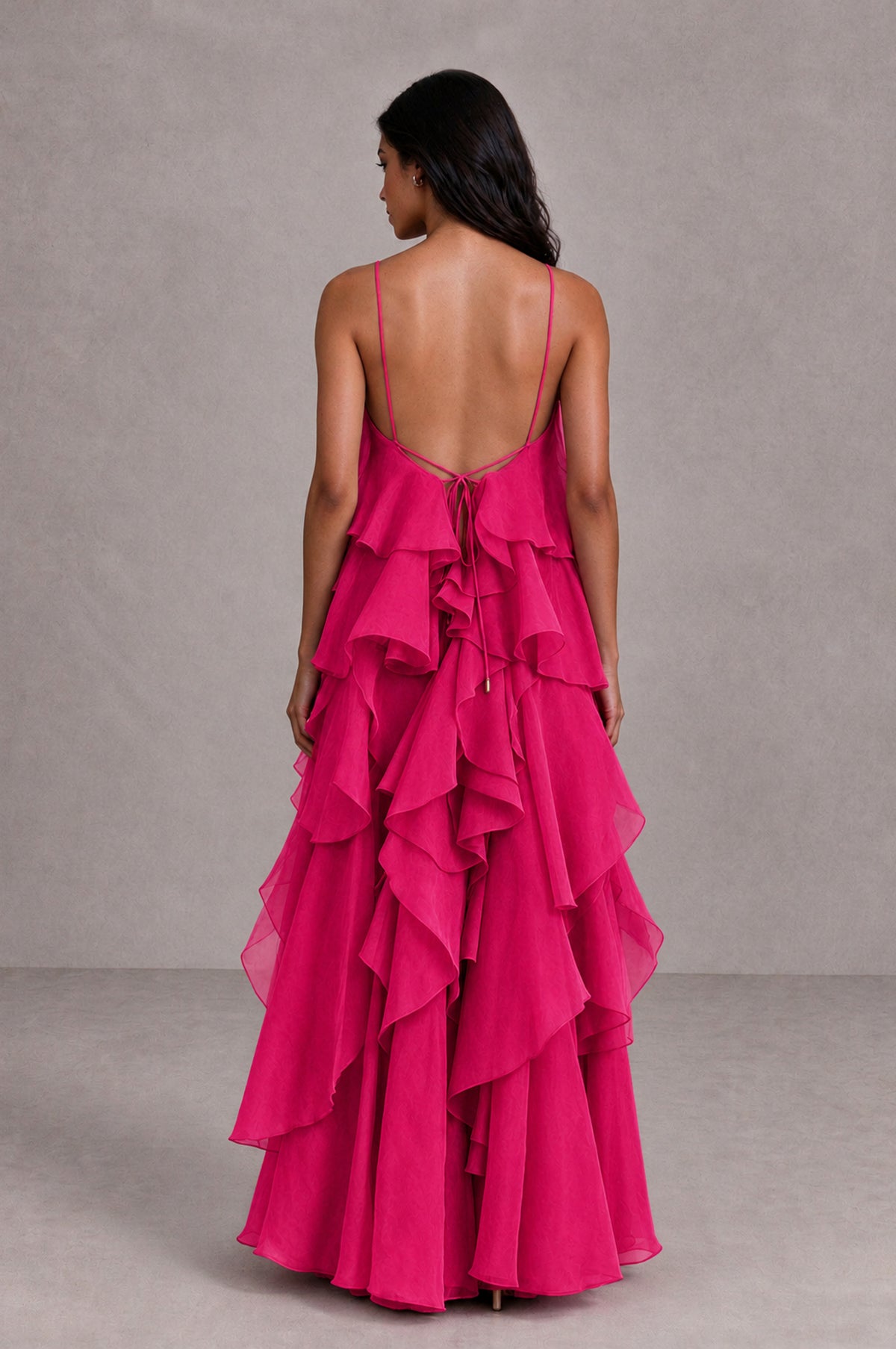 BOLODOO Hot Pink Cascading Ruffle Rosette Open-Back Maxi Dress - Hot Pink - Hot Pink_2