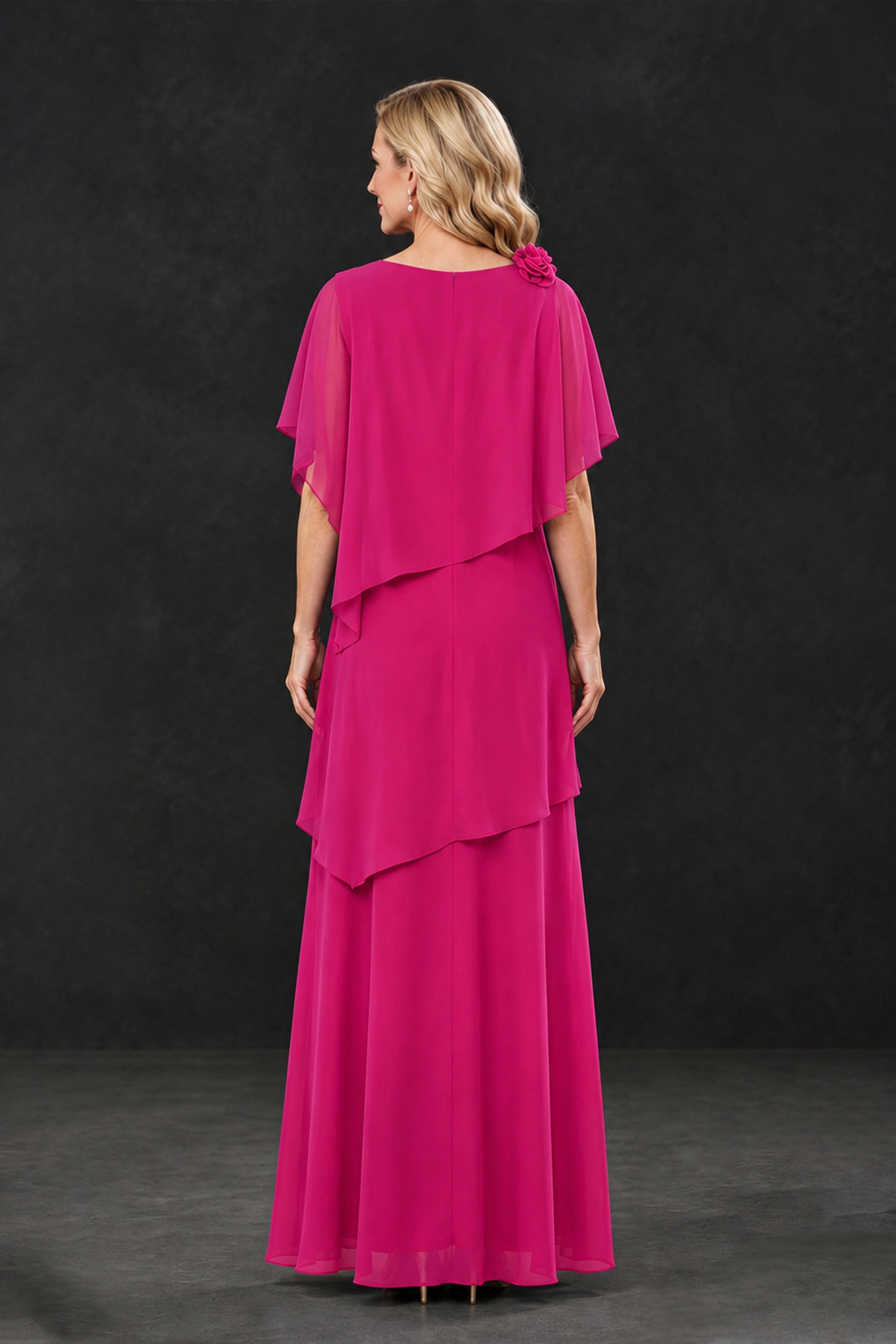 BOLODOO Hot Pink Tiered Flutter Sleeve Mother of the Bride Maxi Dress - Hot Pink - Hot Pink_2