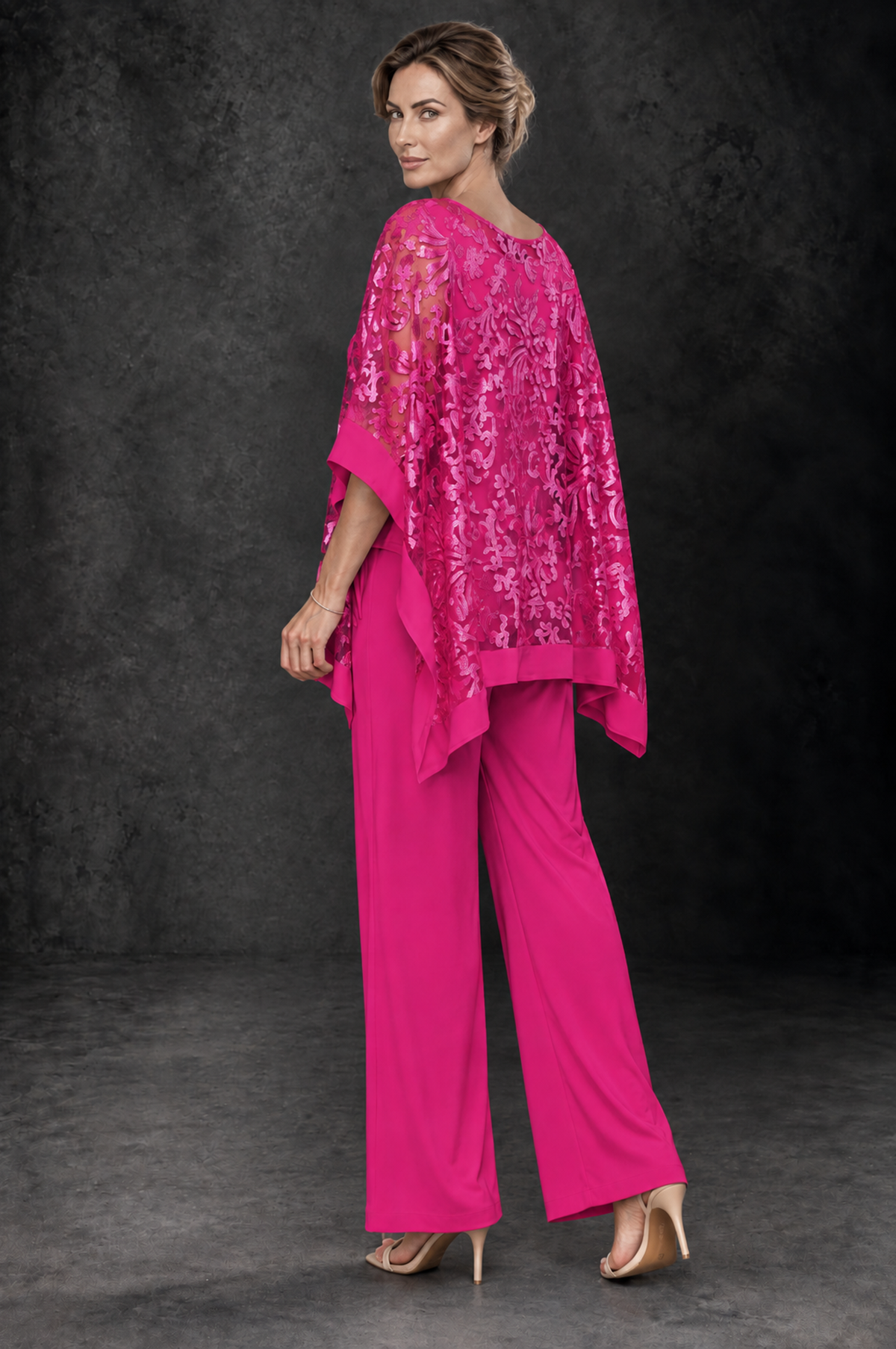 BOLODOO Hot Pink Floral Cape Mother of the Bride Pant Suit - Hot Pink - Hot_Pink_2