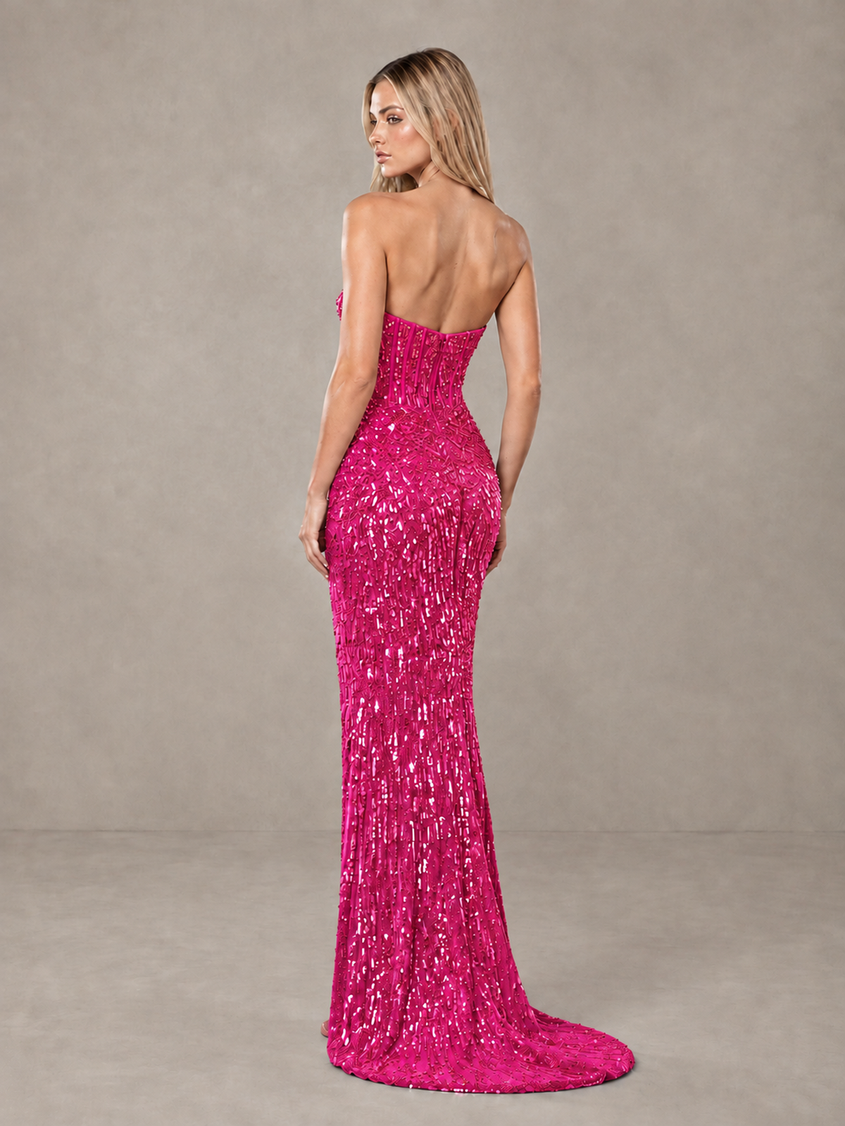 BOLODOO Hot Pink Strapless Sequin Corset Prom Dress with High Slit - Hot Pink - Hot Pink_2