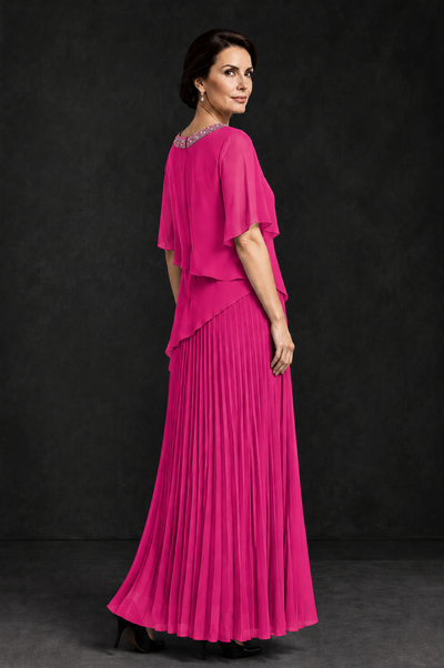 BOLODOO Hot Pink Pearl Beaded Neck Asymmetric Tiered Flutter Sleeve Pleated Chiffon Maxi Dress - Hot Pink - Hot_Pink_2