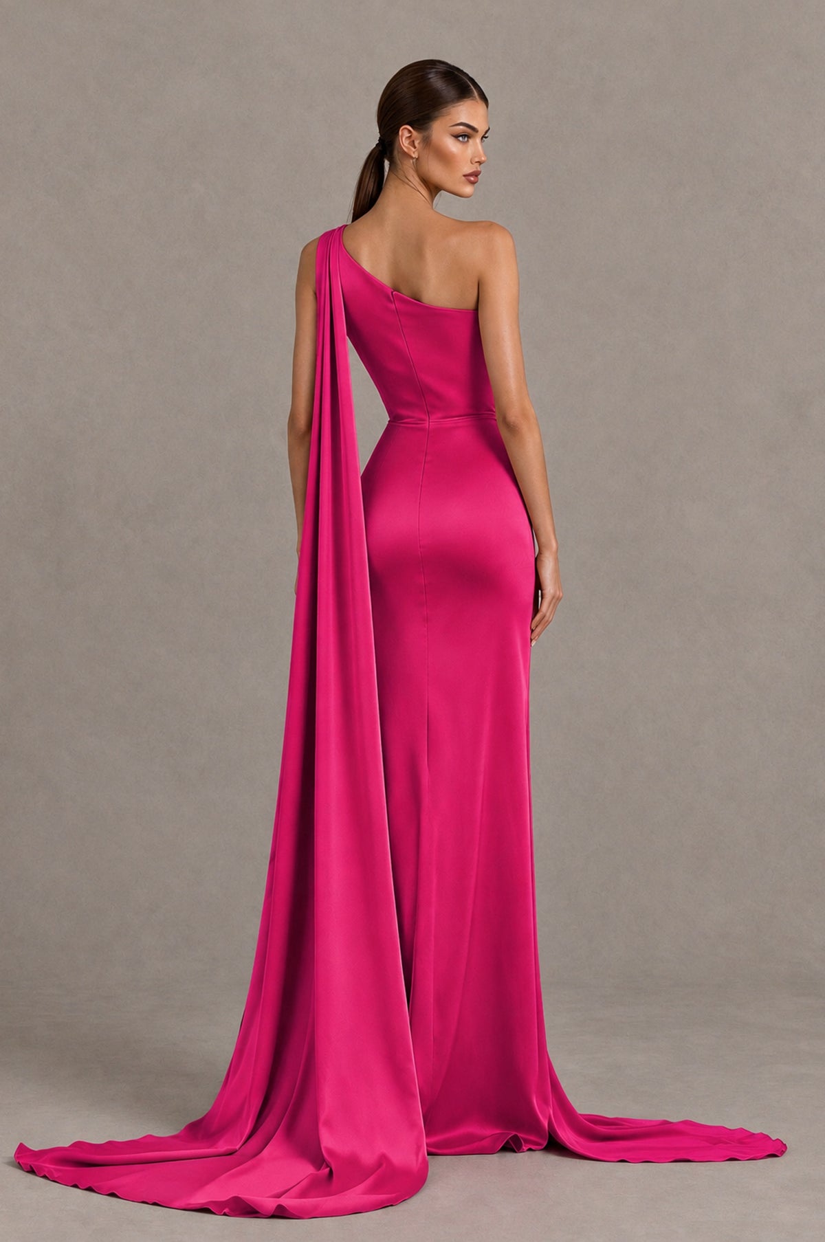 BOLODOO Hot Pink One Shoulder Satin Evening Dress with High Slit and Draped Cape Train - Hot Pink - Hot Pink_2