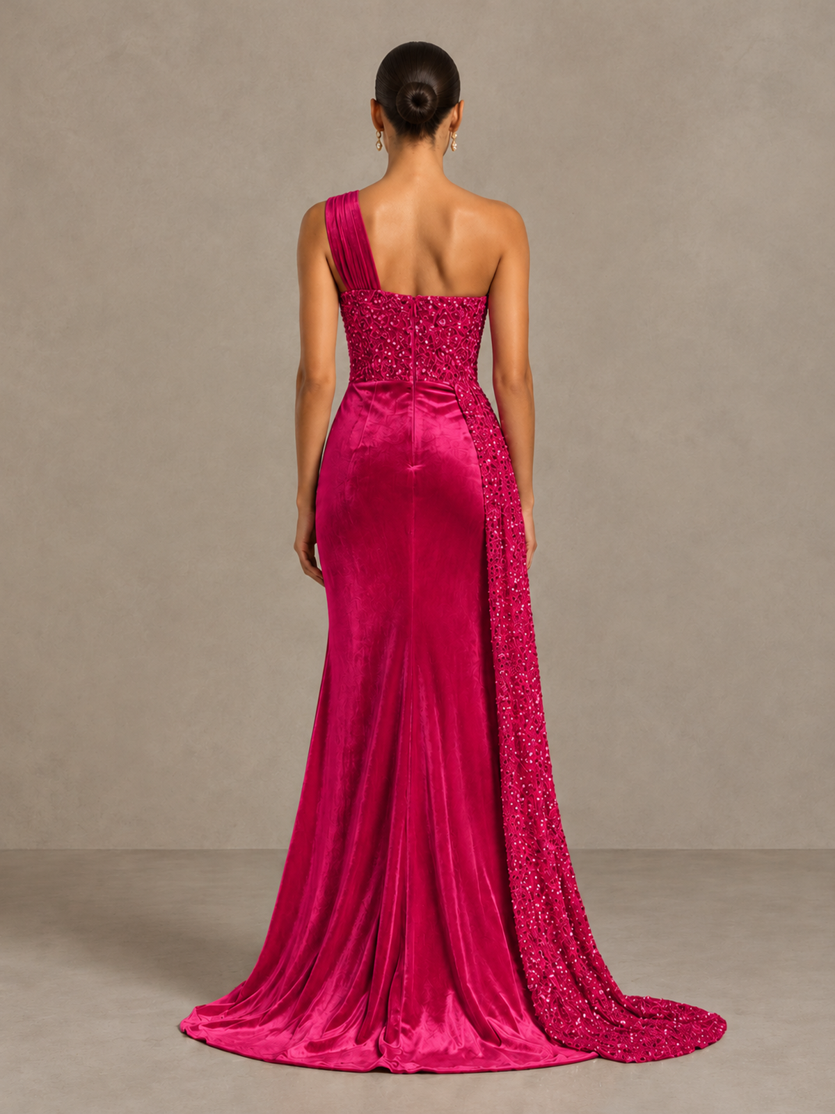 BOLODOO Hot Pink One-Shoulder Satin Sequin Gown with High Slit - Hot Pink - Hot Pink_2
