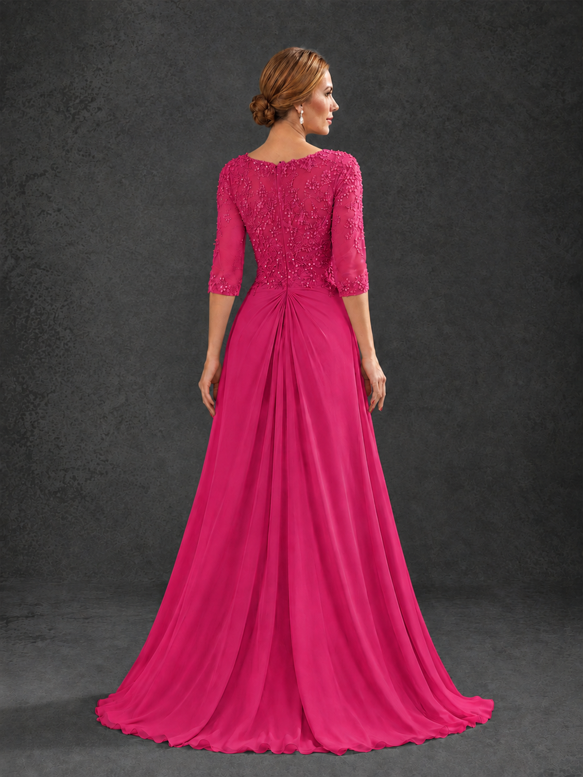 BOLODOO Hot Pink Sweetheart Neck 3/4 Sleeve Floral Lace Illusion Bodice Chiffon A-Line Gown - Hot Pink - Hot Pink_2