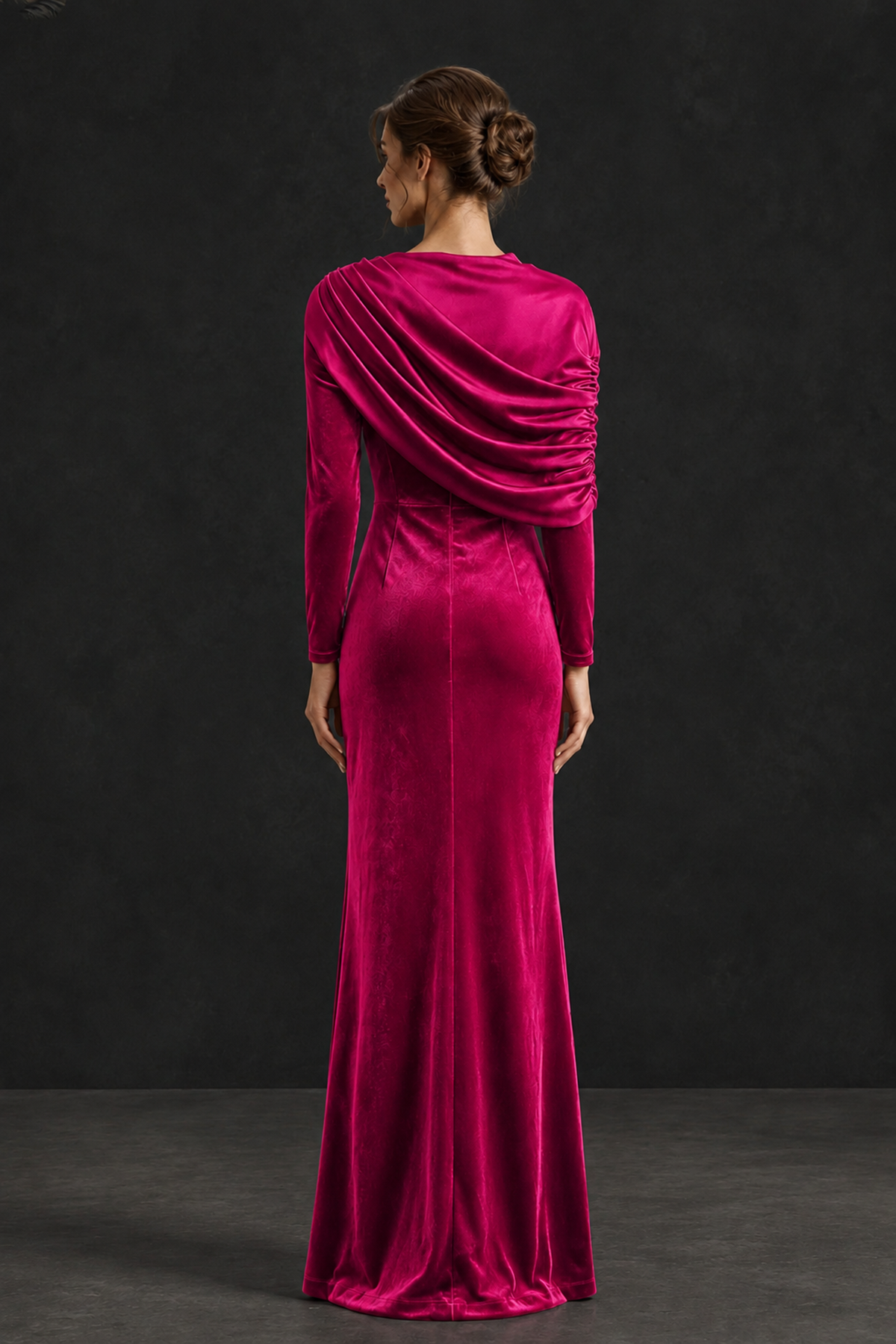 BOLODOO Hot Pink Velvet Long Sleeve Draped Mother of the Bride Dress - Hot Pink - Hot_Pink_2