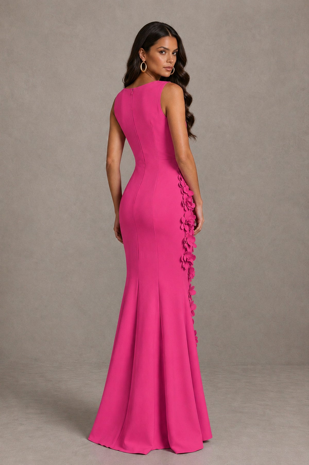 BOLODOO Hot Pink Bateau Neck Sleeveless Asymmetric Peplum 3D Petal Appliqué Mermaid Gown BD0421 - Hot Pink - Hot_Pink_2