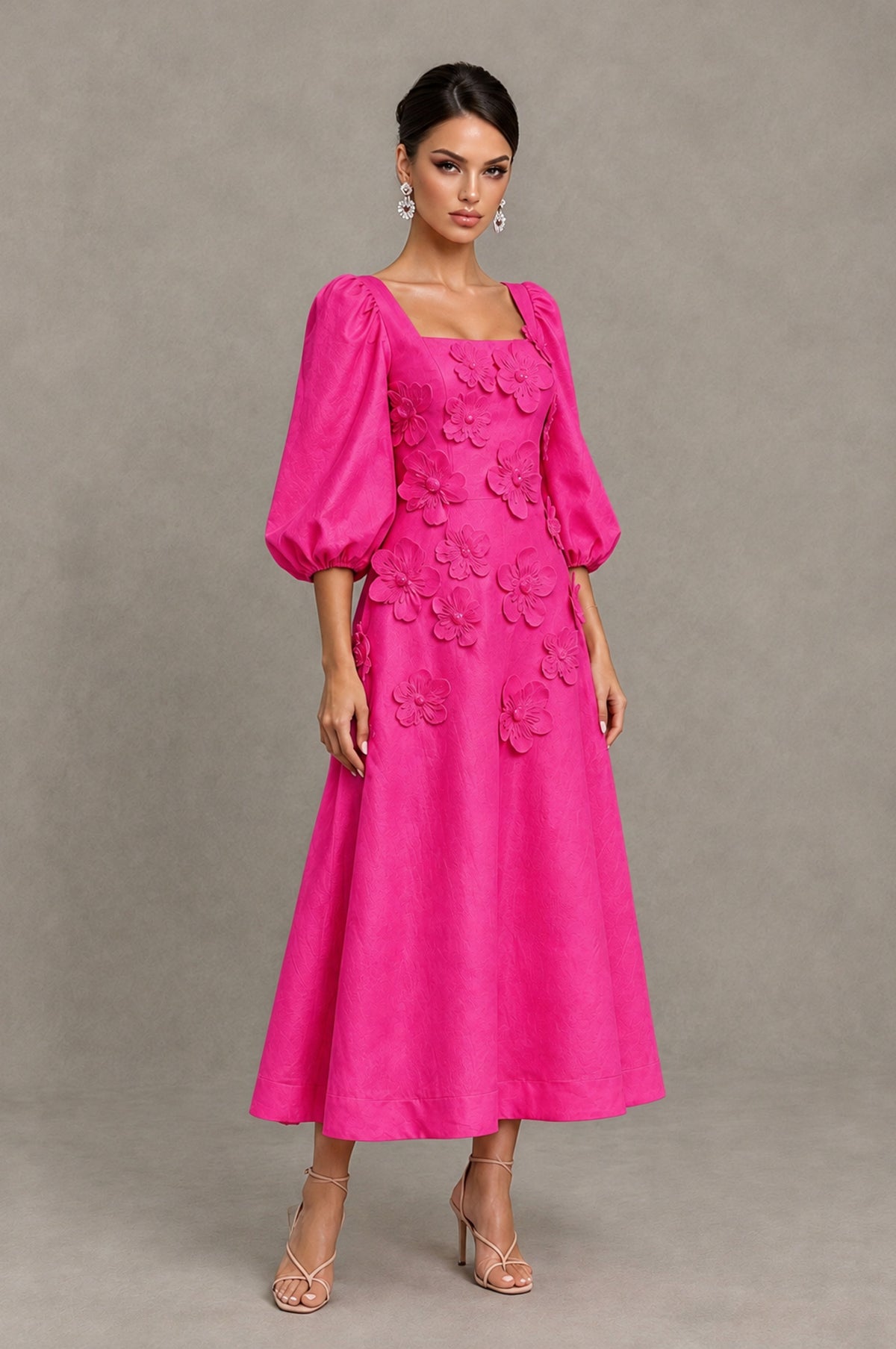 BOLODOO Hot Pink 3D Floral Puff Sleeve Midi Cocktail Dress - Hot Pink - Hot Pink_3