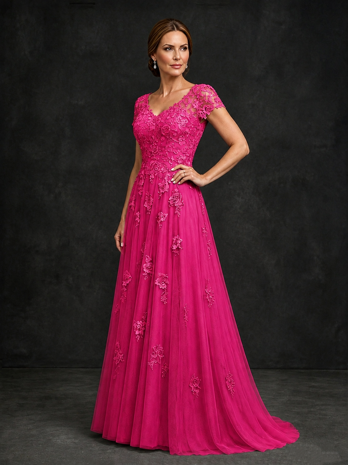 BOLODOO Hot Pink Cap Sleeve Lace Appliqué A-Line Formal Gown | Mother of the Bride Dress - Hot Pink - Hot Pink_3