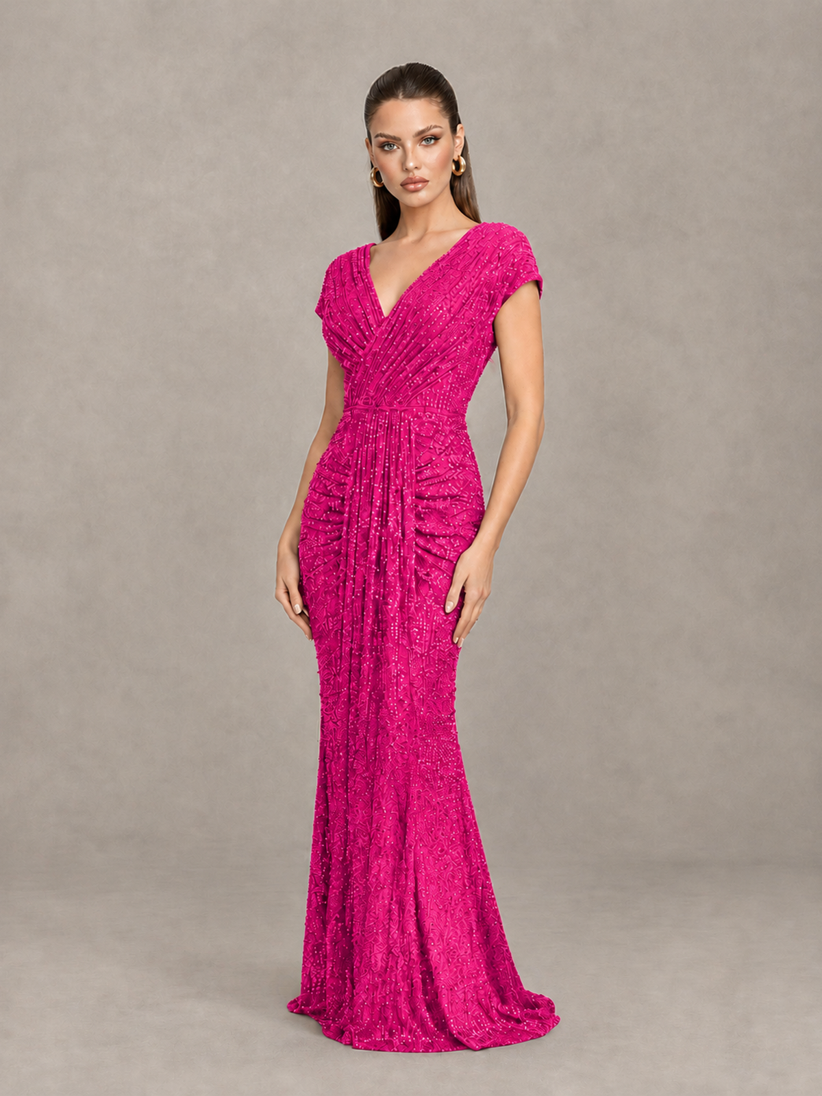 BOLODOO Hot Pink Glitter V-Neck Cap Sleeve Ruched Mermaid Evening Gown - Hot Pink - Hot Pink_3