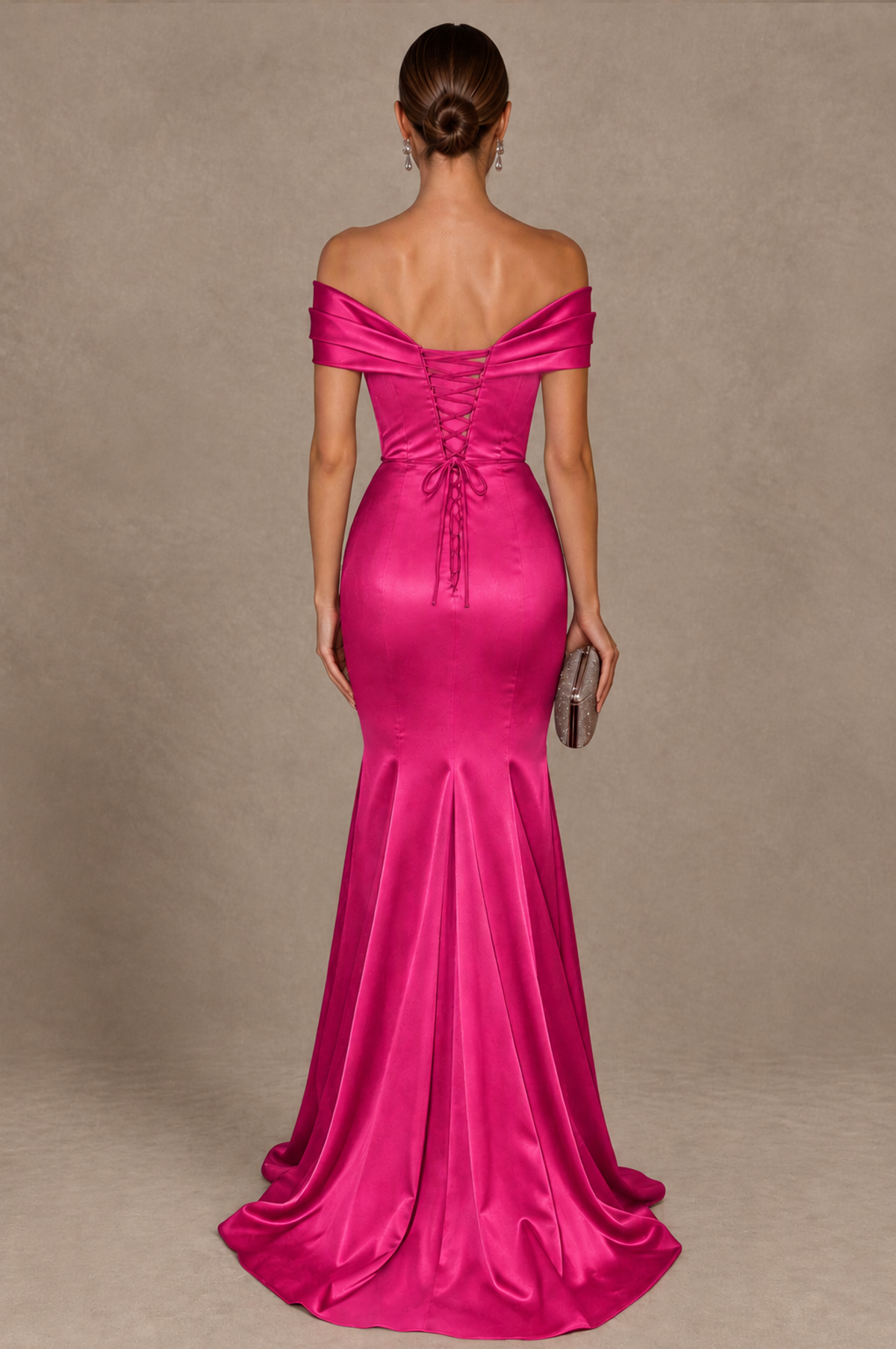 BOLODOO Hot Pink Off-the-Shoulder Ruched Satin Mermaid Evening Dress - Hot Pink - Hot_Pink_3