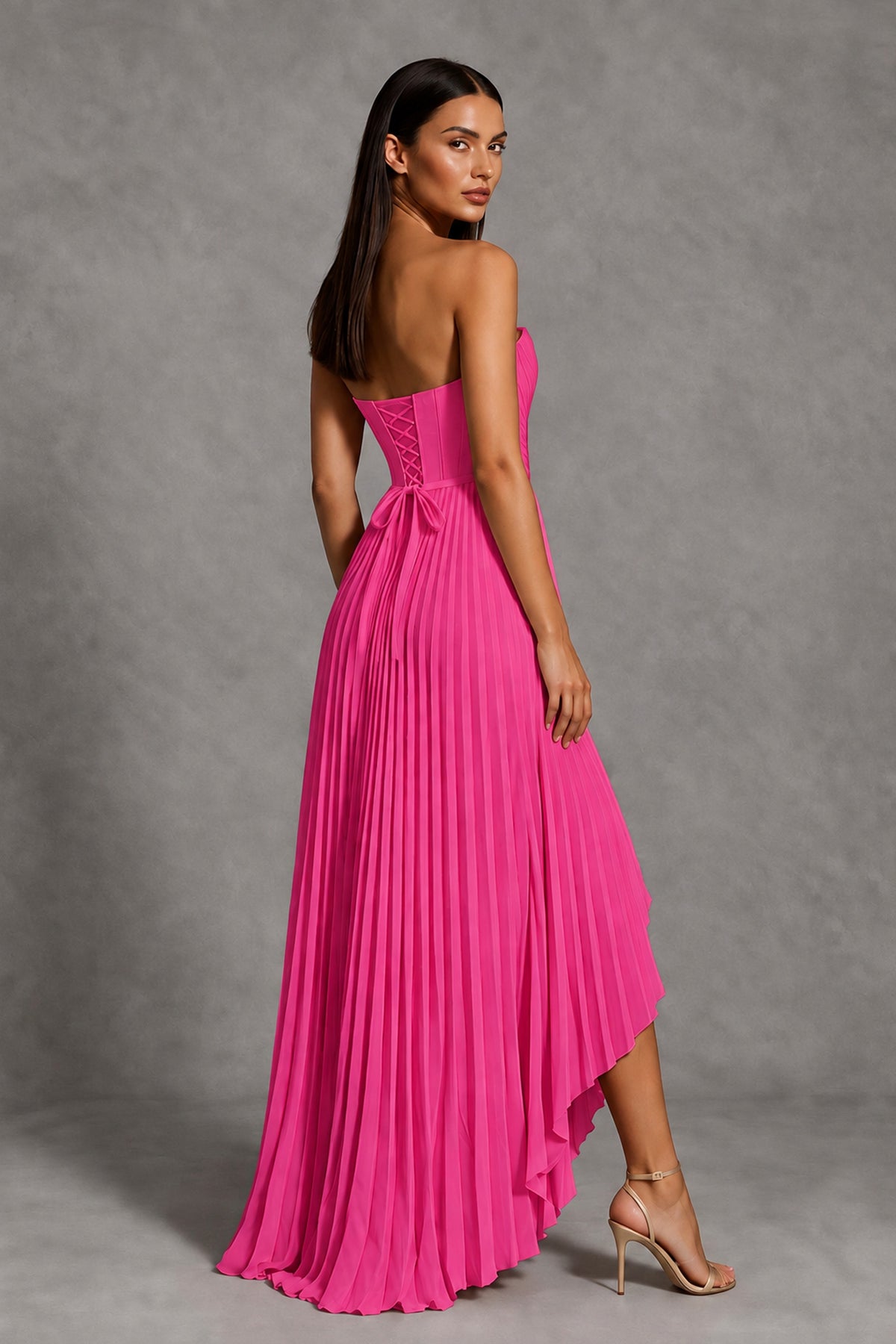 Hot Pink Strapless Pleated High-Low Evening Gown with Ruffle Hem - Hot Pink