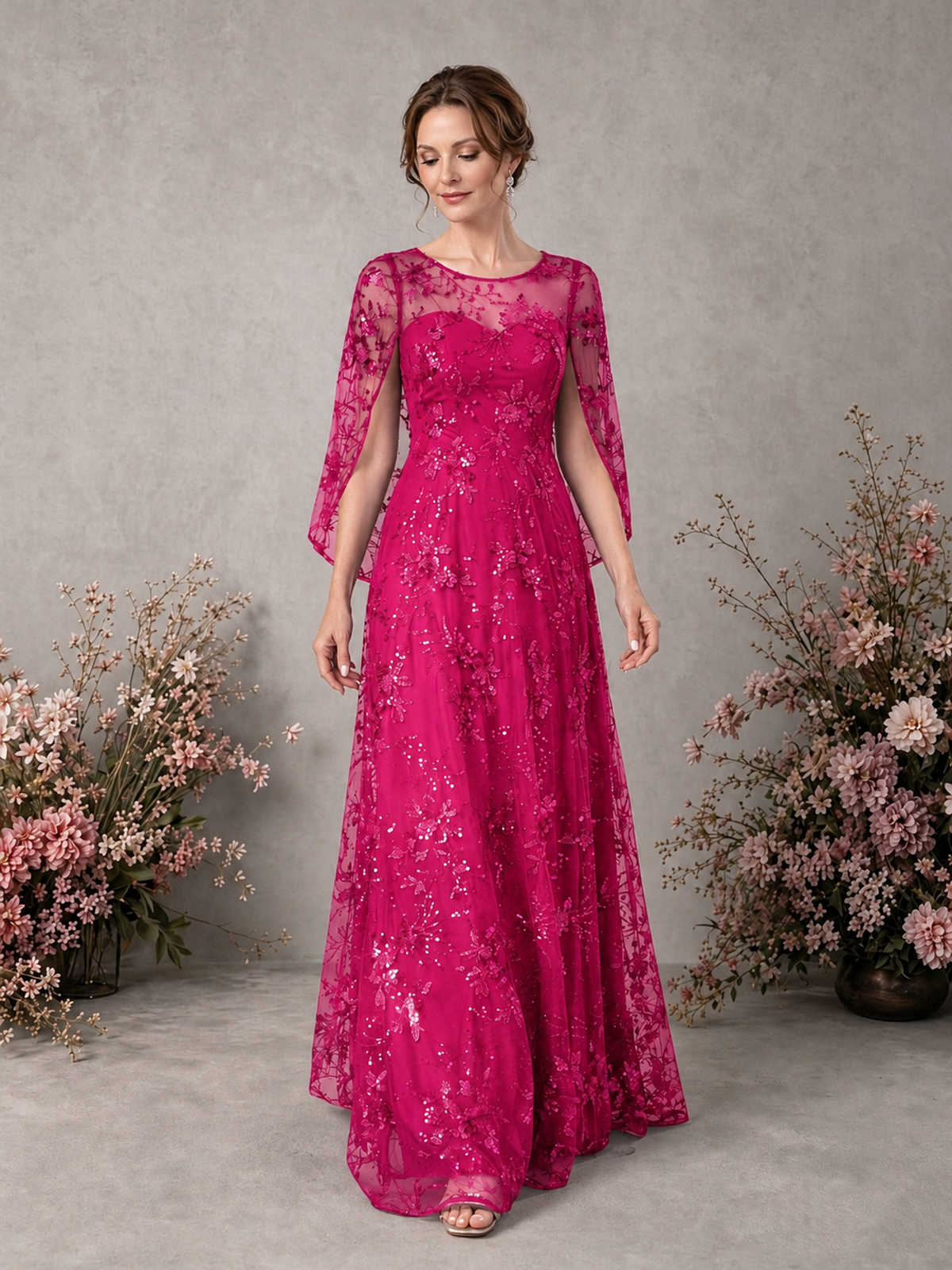 BOLODOO Hot Pink Sequin Lace Cape Sleeve Formal Evening Gown - Hot Pink - Hot Pink_3