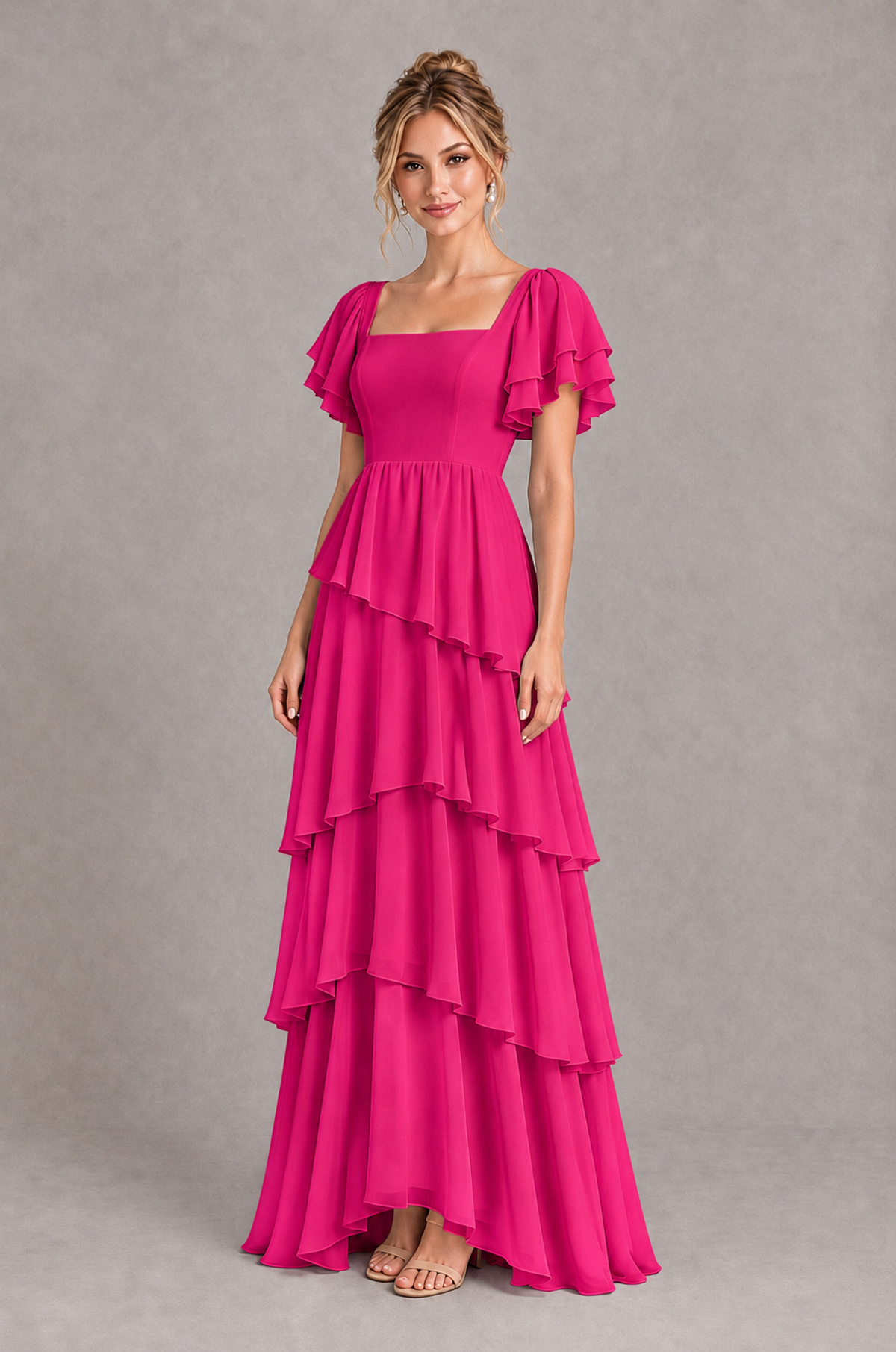BOLODOO Hot Pink Square Neck Flutter Sleeve Tiered Chiffon Bridesmaid Dress with Lace-Up Back - Hot Pink - Hot Pink_3