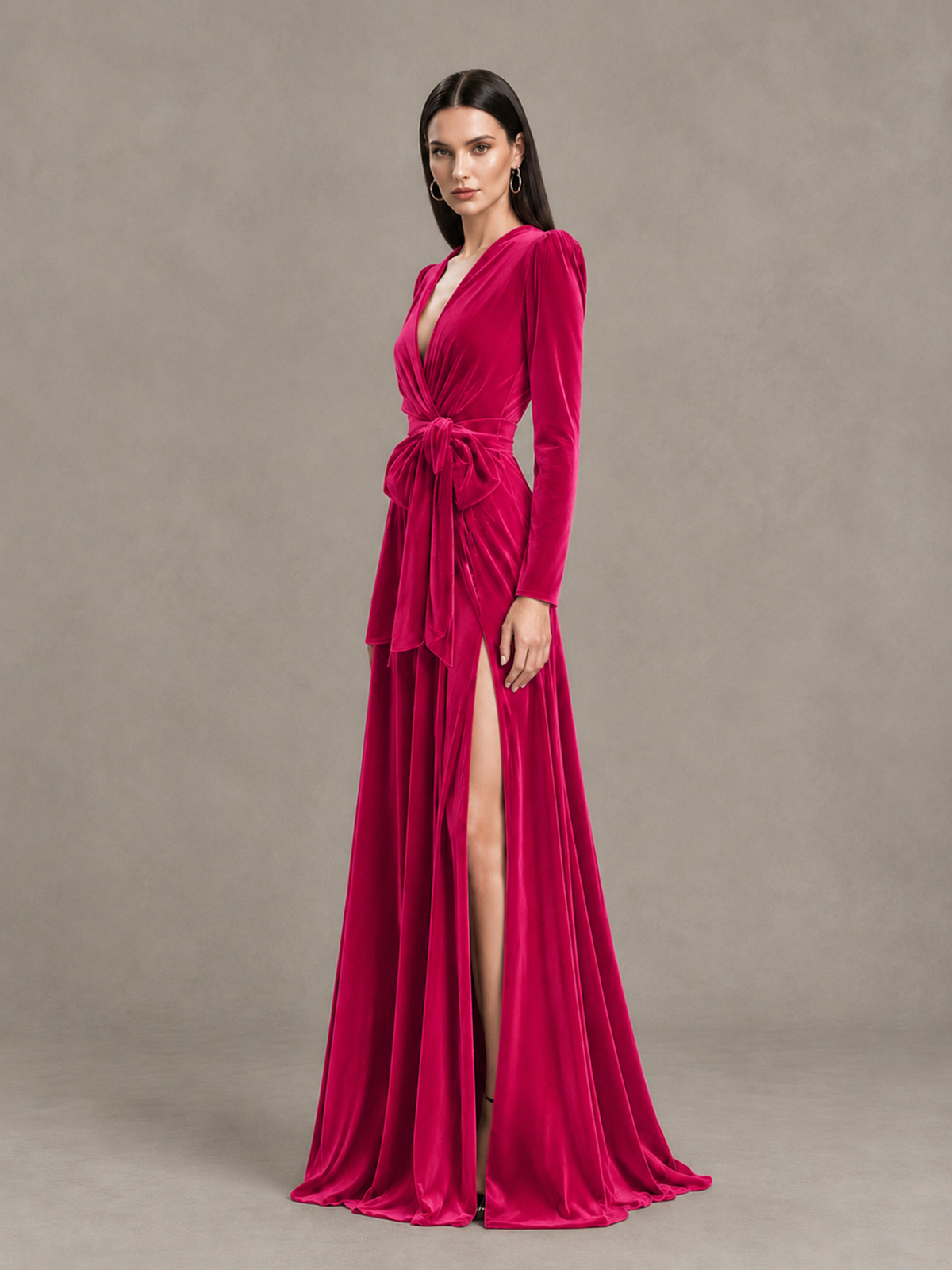 BOLODOO Hot Pink Long Sleeve Velvet-Look Evening Dress with High Slit - Hot Pink - Hot Pink_3