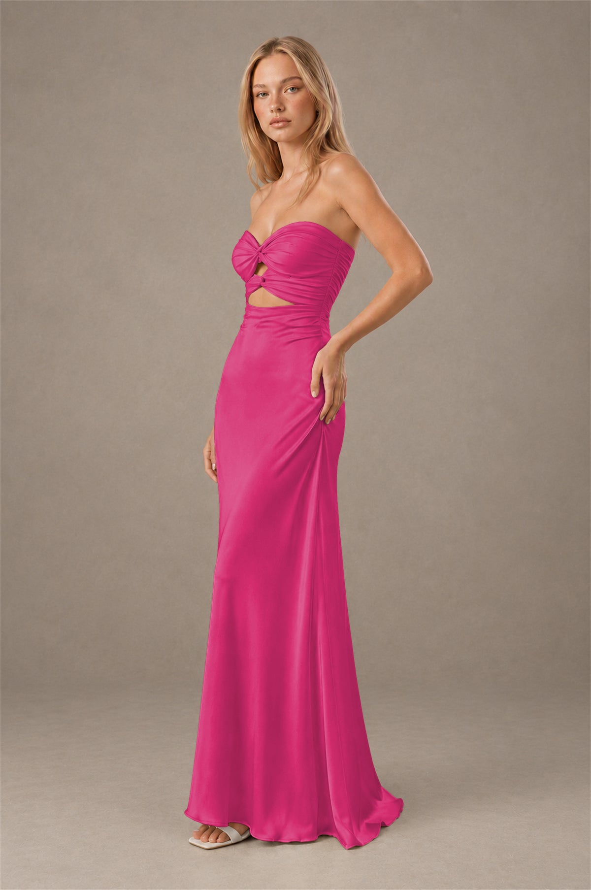 BOLODOO Hot Pink Sweetheart Strapless Twist Knot Cutout Lace-Up Back Satin Mermaid Maxi Dress - Hot Pink - Hot Pink(3)