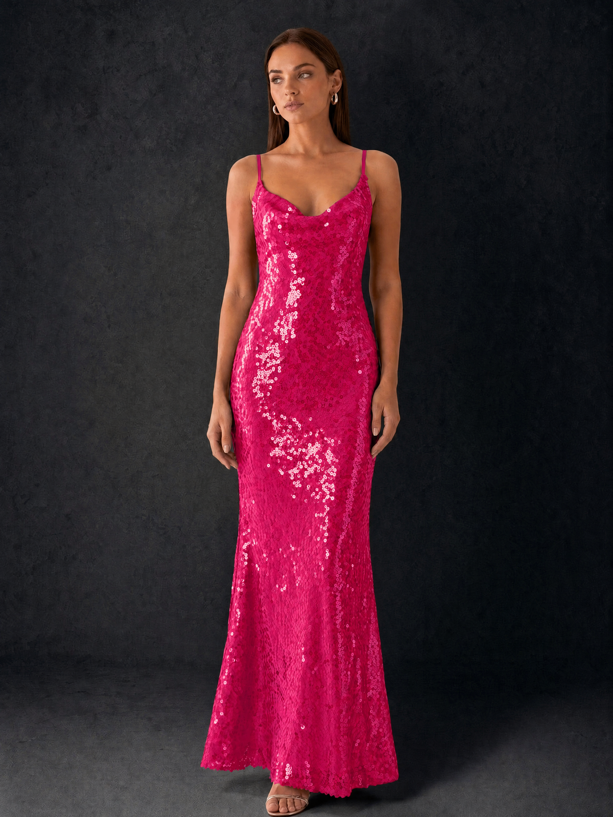 BOLODOO Bronze Sequin Cowl Neck Spaghetti Strap Mermaid Maxi Dress with Open Criss-Cross Back - Hot Pink - Hot Pink