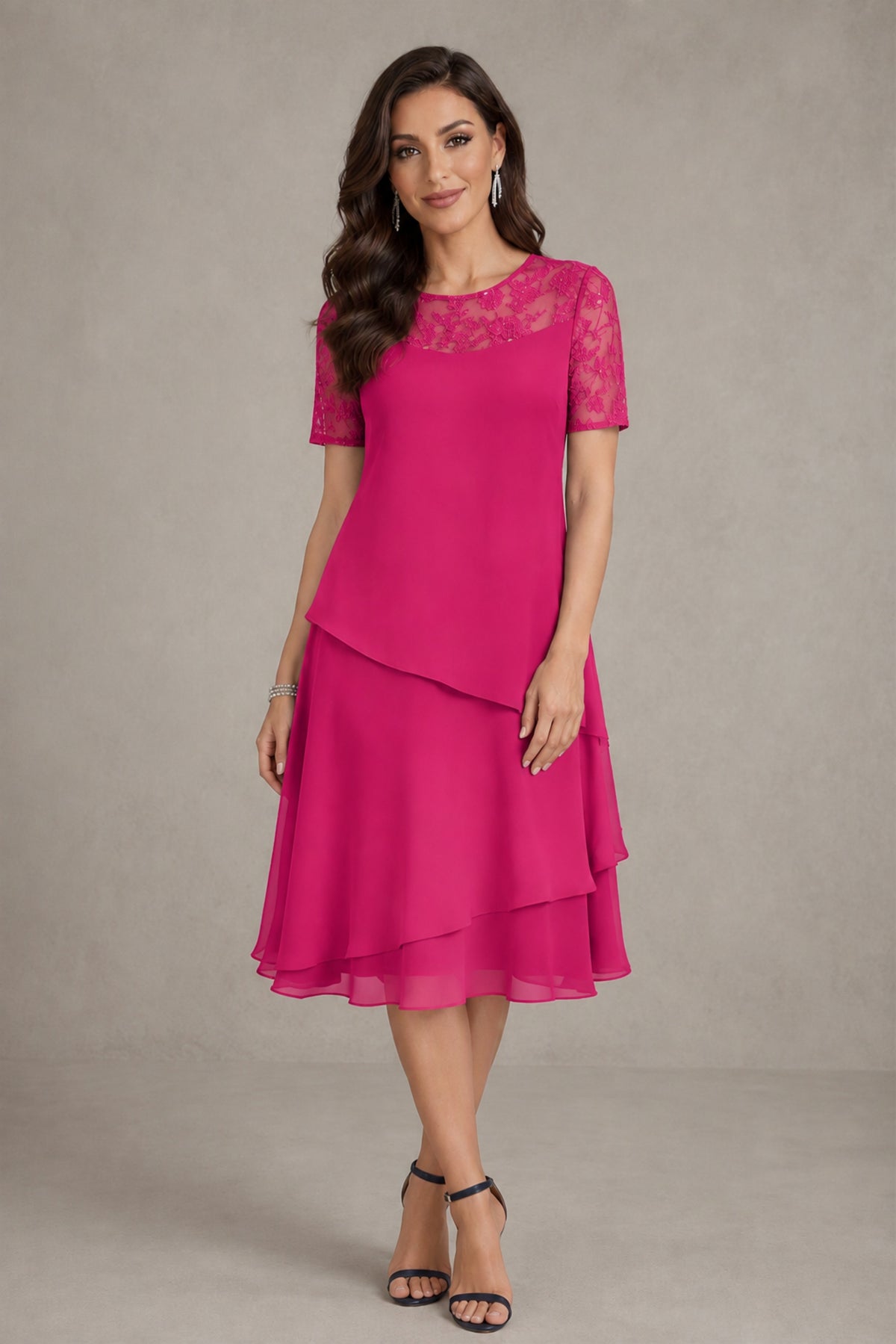 BOLODOO Hot Pink Illusion Lace Short Sleeve Tiered Chiffon Tea Length Dress | Mother of the Bride Midi Dress - Hot Pink