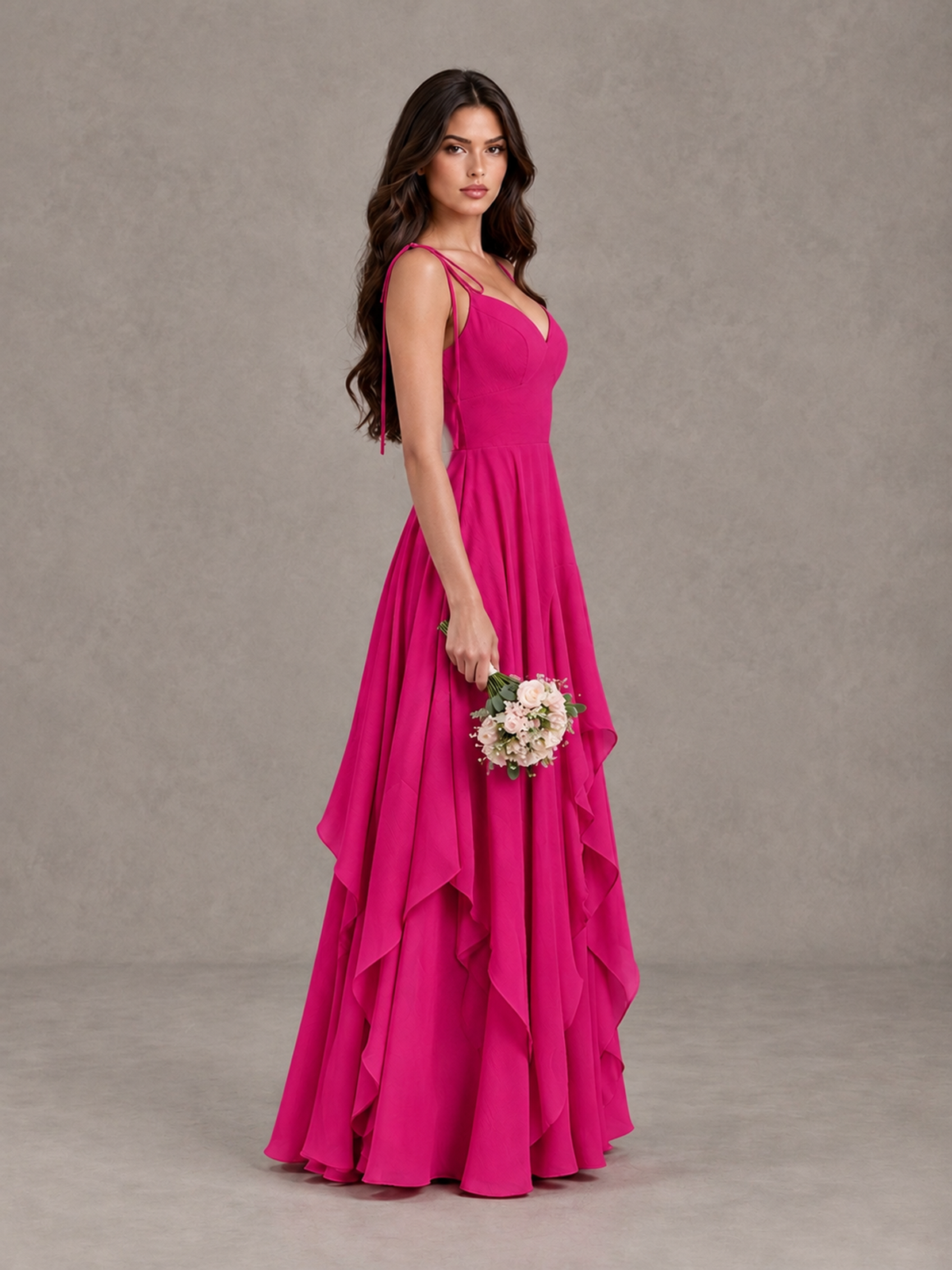 BOLODOO Hot Pink Tie-Strap Ruffle A-Line Bridesmaid Dress - Hot Pink - Hot Pink_3