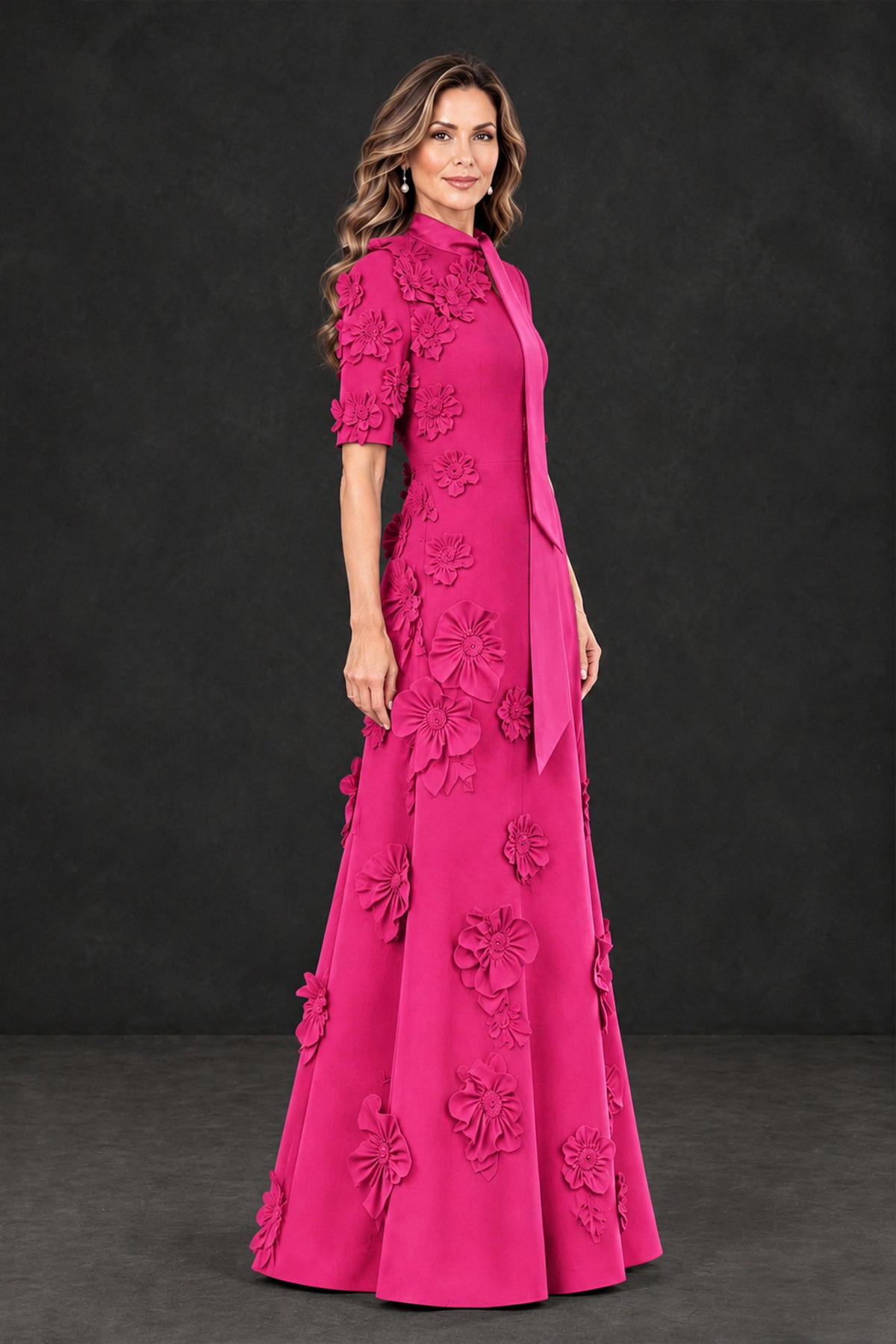 BOLODOO Hot Pink Floral Applique High-Neck Half-Sleeve Gown - Hot Pink - Hot Pink_3