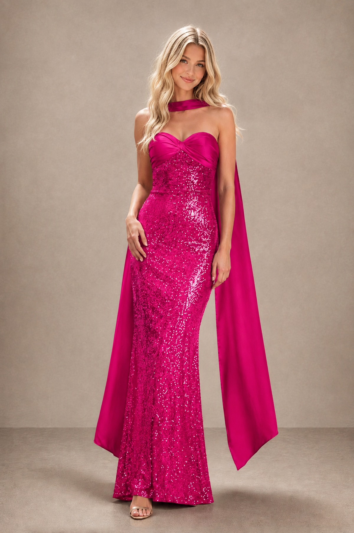 BOLODOO Hot Pink Strapless Sweetheart Evening Dress with Scarf - Hot Pink - Hot_Pink_3