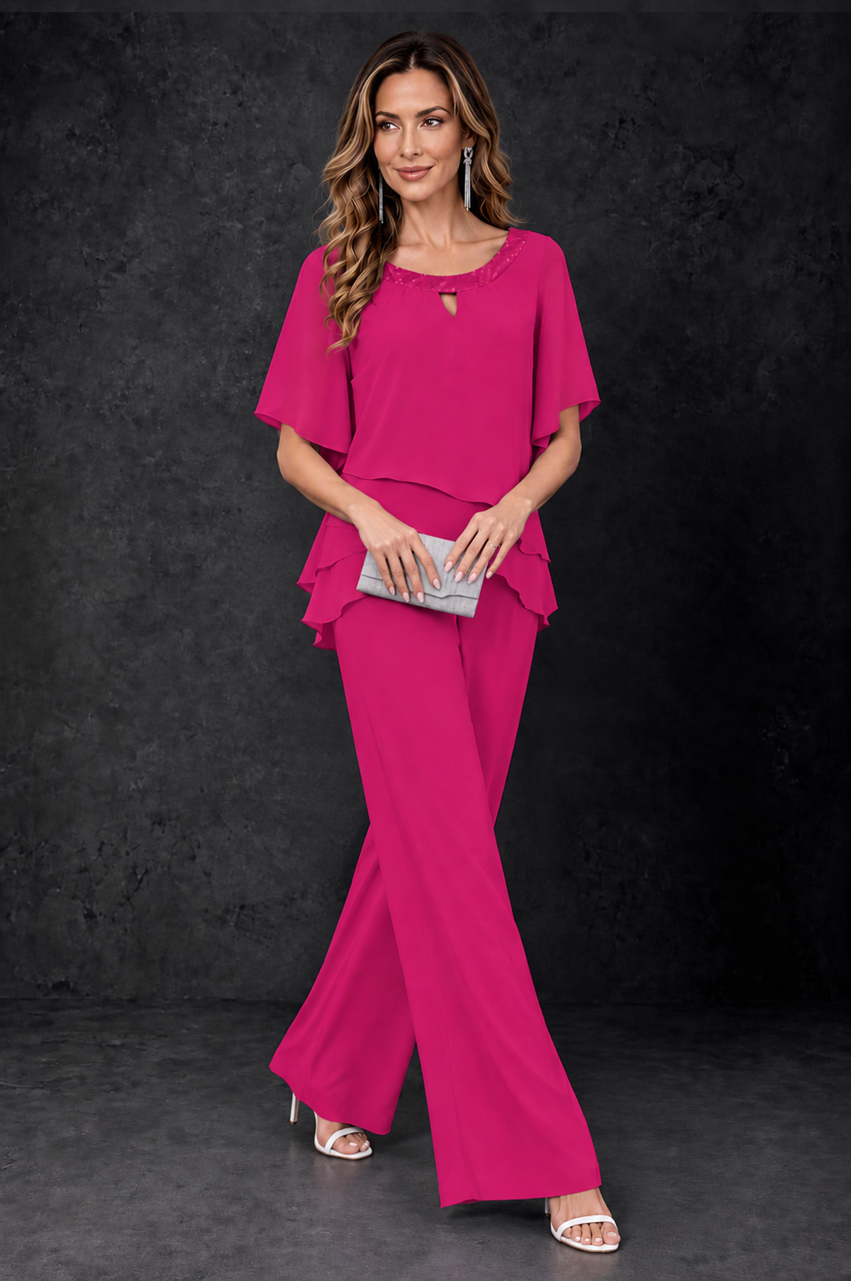 BOLODOO Hot Pink Layered Chiffon-Look Mother of the Bride Pantsuit - Hot Pink - Hot_Pink_3