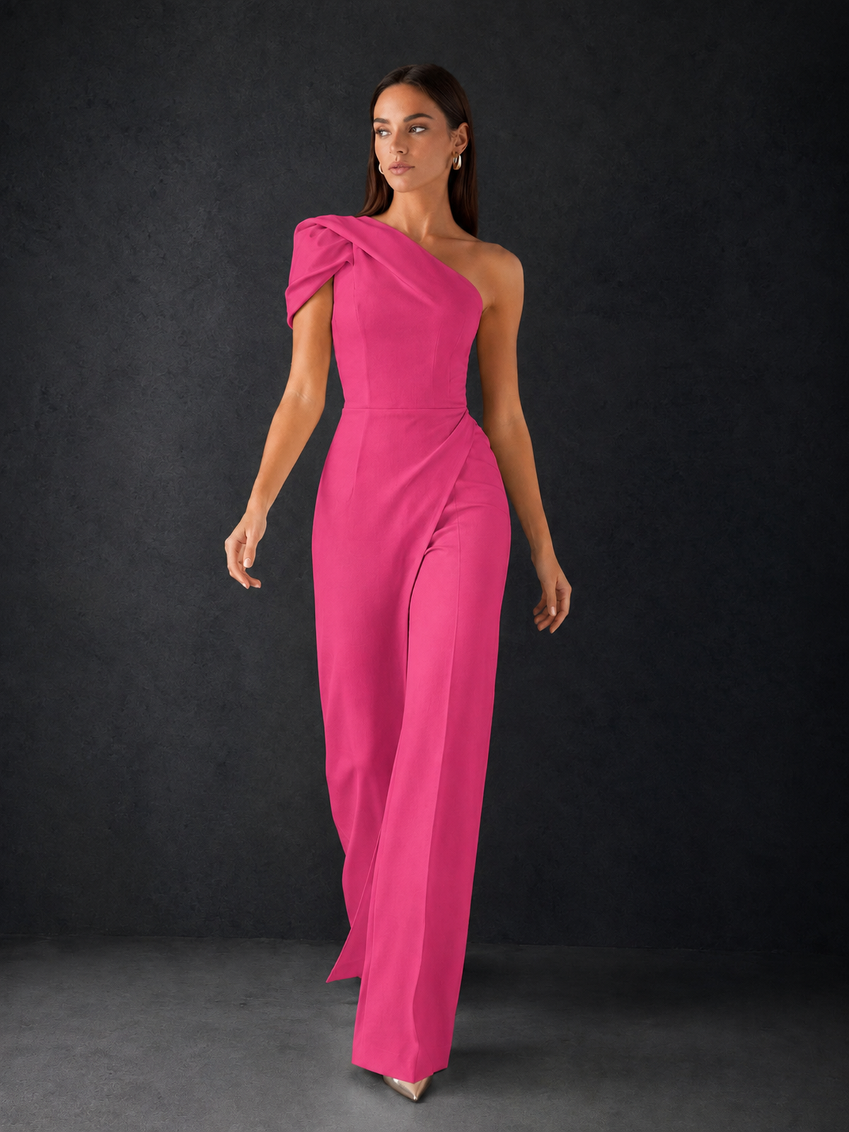 BOLODOO Hot Pink One-Shoulder Puff Sleeve Wide-Leg Jumpsuit with Front Slit and Open Back - Hot Pink