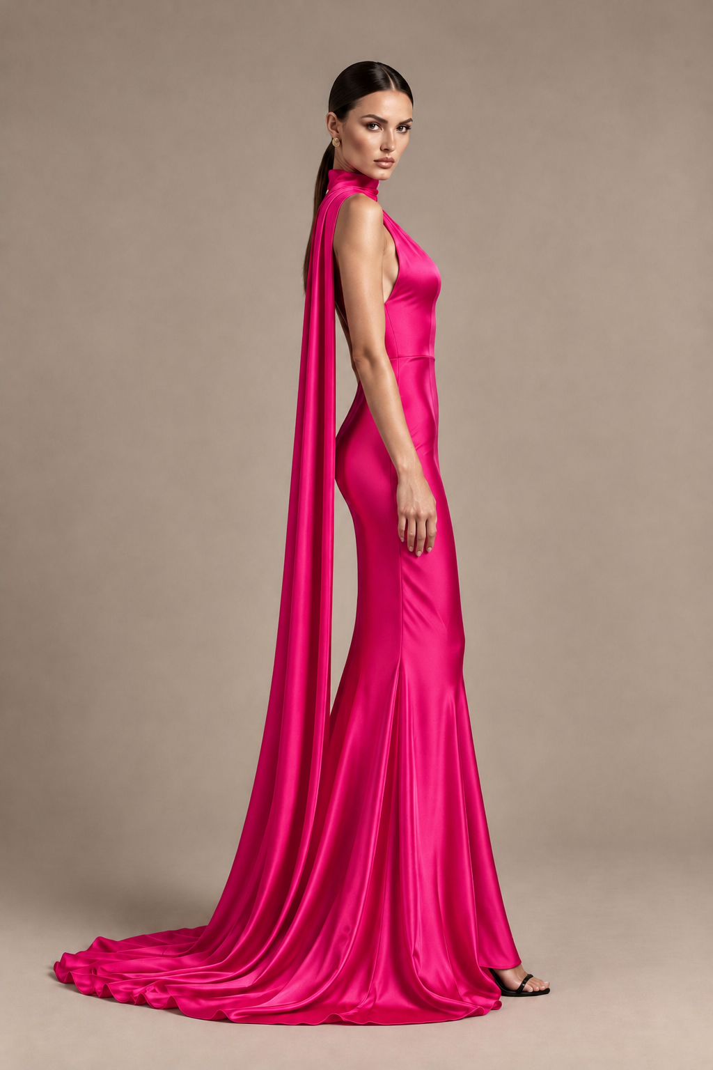 BOLODOO Hot Pink One-Shoulder Satin Mermaid Evening Dress with Scarf - Hot Pink - Hot Pink_3