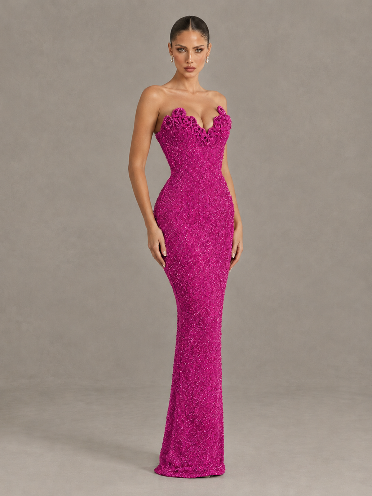 BOLODOO Hot Pink Strapless Sequin Evening Gown with Floral Neckline - Hot Pink - Hot Pink_3