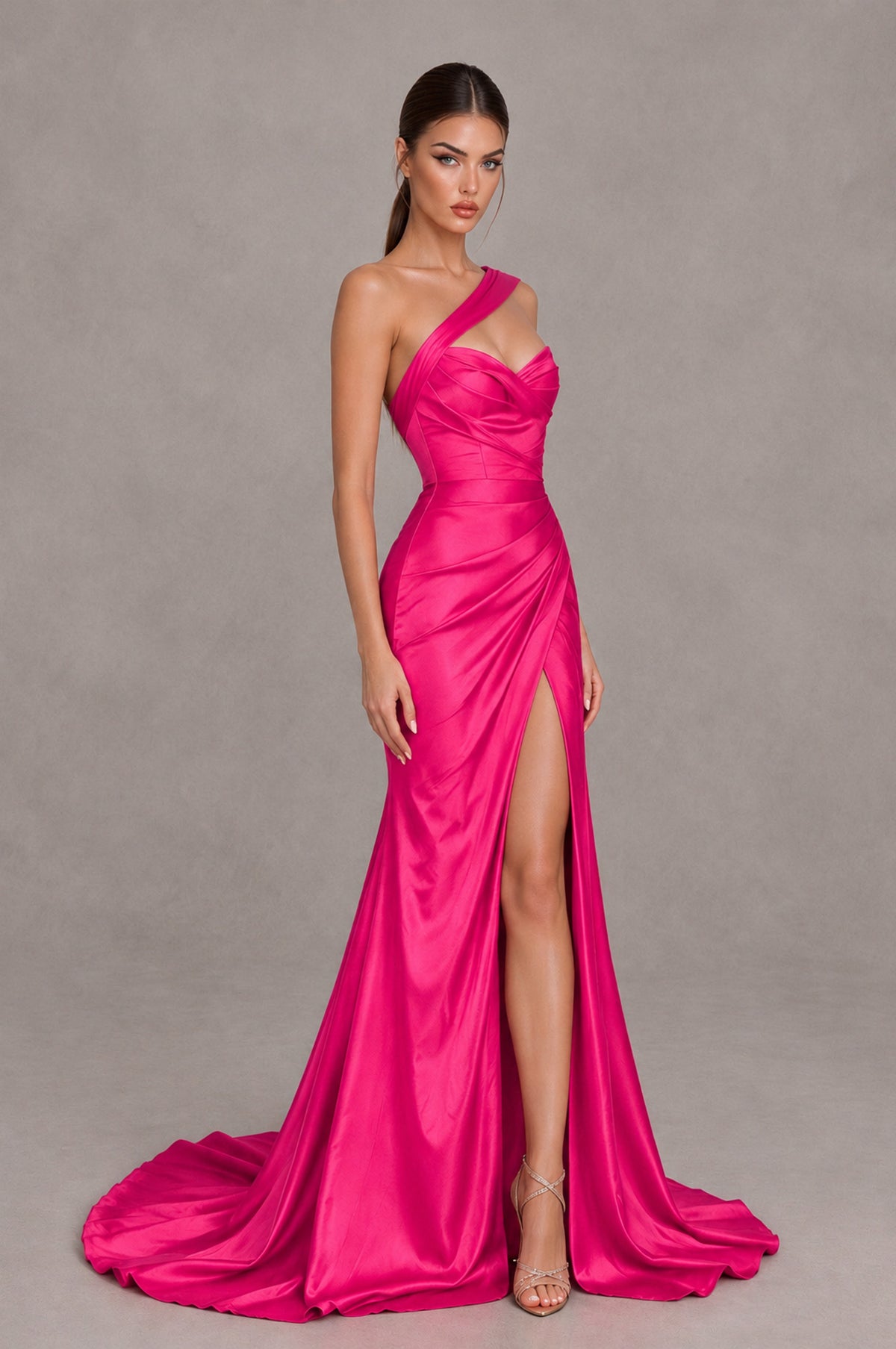 BOLODOO Hot Pink One Shoulder Satin Mermaid Evening Dress with Ruched Slit Skirt - Hot Pink - Hot Pink_3
