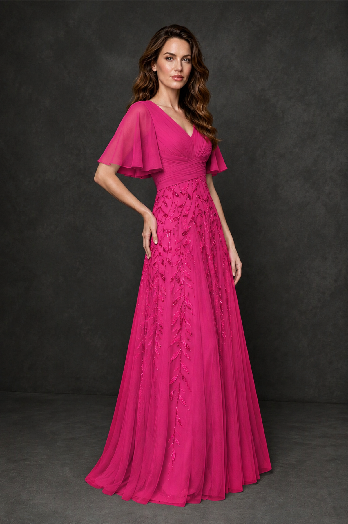 BOLODOO Hot Pink V-Neck Flutter Sleeve Beaded Botanical Tulle A-Line Gown | Mother of the Bride Evening Dress - Hot Pink - Hot Pink_3